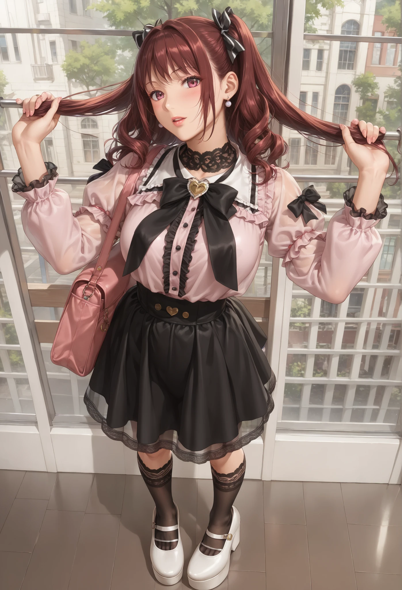 ((inspired by )),((inspired by Animation Style:1.5)),(masterpiece, best quality),beautiful, beautiful-woman, ((detailed face)).(full body:1.3)., 
, 
,

((The woman is wearing  jirai-kei fashion)),(( jirai-kei:1.2)),pink frilled shirt with short puff sleeves, black neck ribbon,and high waist skirt with black see-through lace-socks ,(platform footwear). ,jirai kei,twin-tail, (( see-through lace-socks:1.2)),

background is hotel.
