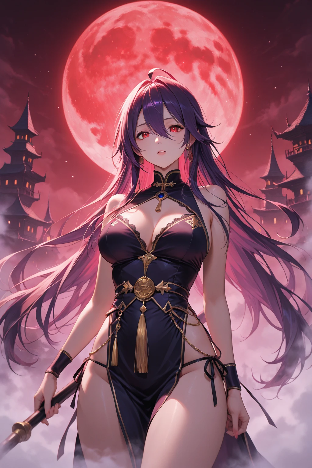 masterpiece, best quality, ultra detailed, illustration, 1 woman, purple hair, long hair, , (red eyes), beautiful detailed eyes, delicate beautiful face, white skin, witch costume, vulgarity, (arms behind back), outdoors, close-up, close up, evil smile