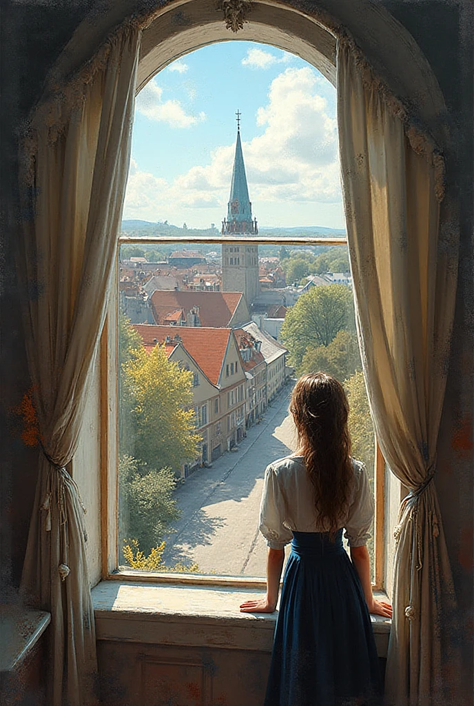 I wanted to create an image that expresses culture in an artistic way using oil paints. The image would embody a unique blend of history, nature, and leisure activities, to enjoy the beauty of traditional Scandinavian architecture. For historical areas, such as the cities of Eskilstuna or Västerås in Sweden, it would have to be realistic and be captured using artificial intelligence. It would have to be a window overlooking a street in this city, with a woman standing by the window.