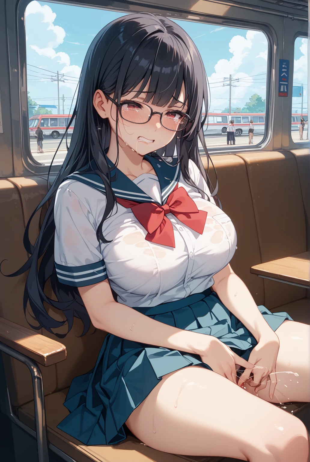 (8k、Best image quality、highest quality、masterpiece)、Detailed face、One girl、Grey Eyes、embarrassed face、((Grin))、huge breasts、((see through camisole))、((see through))、((Plaid skirt))、((open pussy))、sit、spread legs、white buggysocks、shoes、Shoot from below、sitting on the seat,in the train,Nipples,Oppai,fingering pussy,vaginal finger,hand to pussy,touch oun vagina,Exposure,pussy juice,wet pussy,cum on face,milk made braids,black hair,loli,loli girl,glasses,