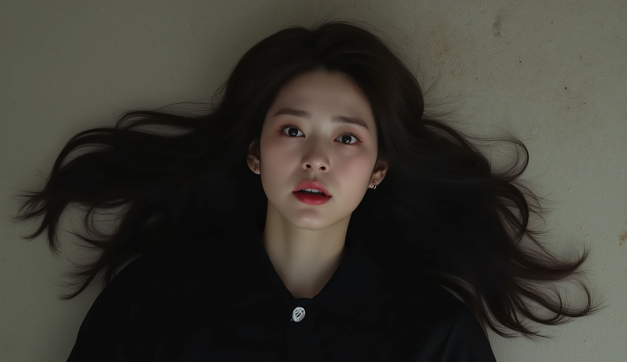 Masterpieces Best Quality (Wallpapers 8K Very High Detail) (best illustrations) (The best shadow) Realistic light, high definition, very realistic, a handsome 30-year-old Asian woman wearing a black long-sleeved jacket, she was shot in the forehead, a bullet wound in the middle of her forehead, a bullet hole on her forehead bleeding a little, no hair covering her face. Her eyes were wide in fear, her mouth was open, her face was full of Emotions showed a sexual climax, but she was dead, lying on a blood-stained plaster floor.