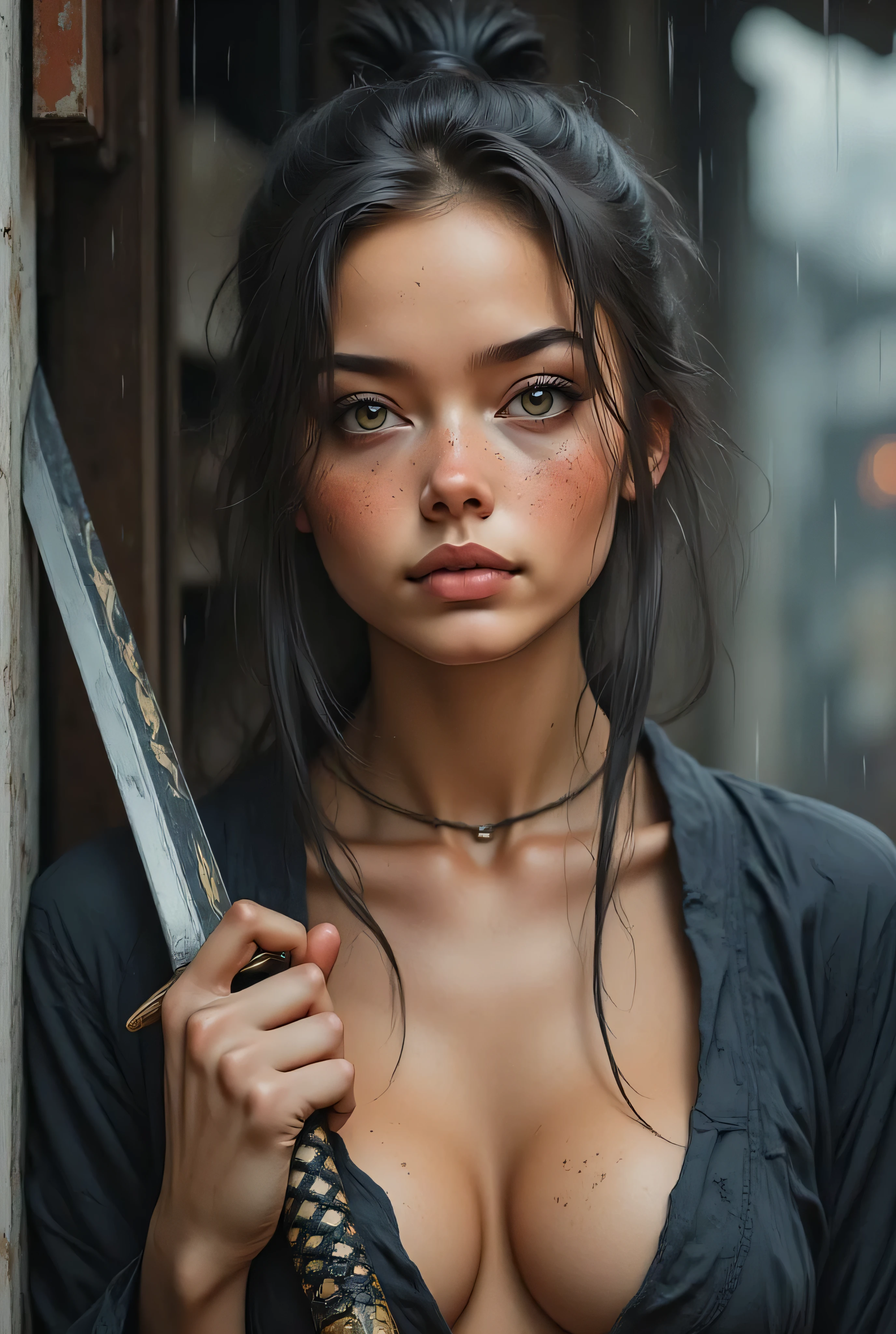masterpiece, 8k resolution, ultra detailed, pastel color palette, beige skin surface. a sexy woman with a focused expression, holding a katana. Her hair is styled in a messy bun, and she has light skin with freckles. She is wearing only a dark, revealing ( nsfw) rain-soaked robe, open on the big breast, and her face is partially turned to the side. The katana has a detailed hilt with a woven pattern in black and gold, and the blade is sheathed in a red scabbard. The background is blurred, suggesting a rainy setting, with streaks of rain visible throughout the image, adding a dynamic and dramatic effect. The overall color palette is muted, with emphasis on earthy tones and the contrast between the dark robe and the bright katana scabbard.