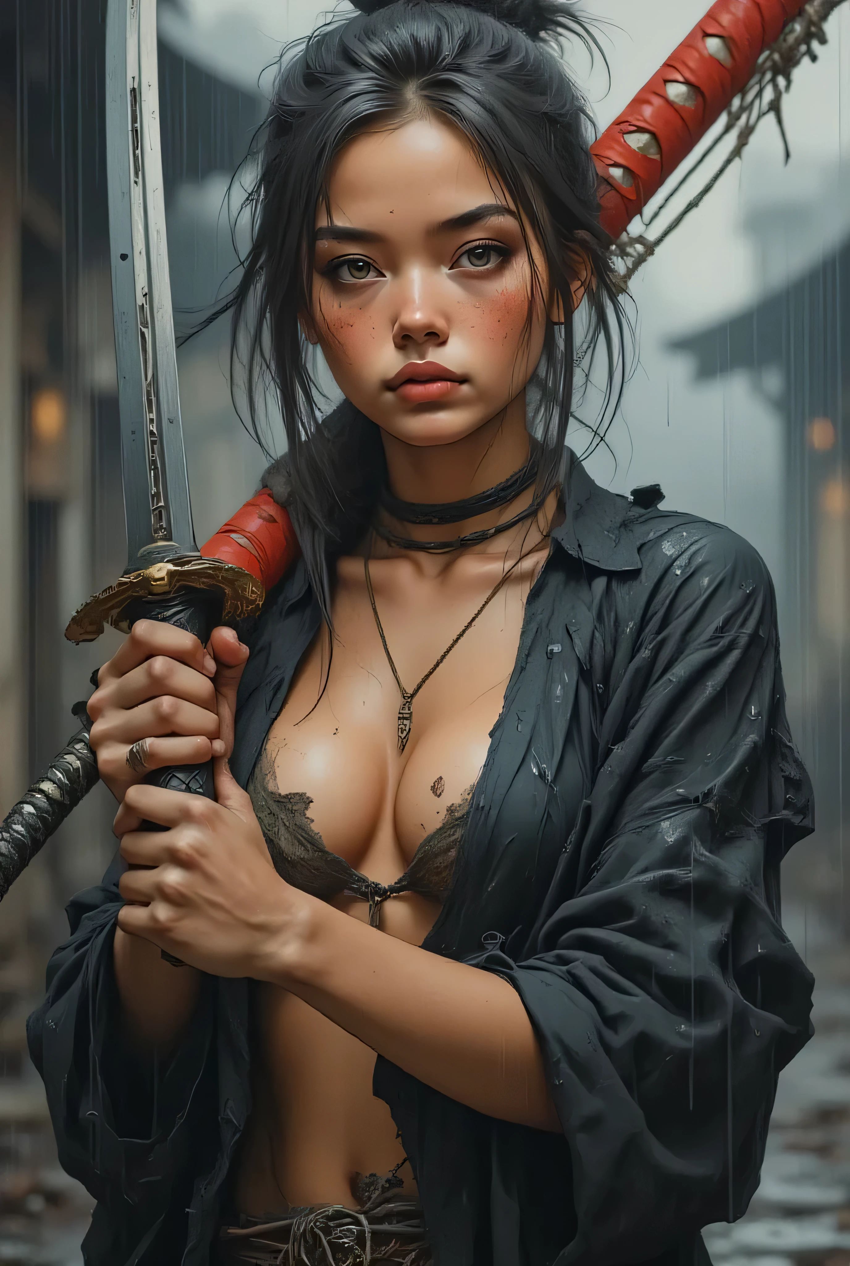 masterpiece, 8k resolution, ultra detailed, pastel color palette, pale skin surface. a sexy woman with a focused expression, holding a katana. Her hair is styled  in a messy bun, and she has light skin with freckles. She is wearing only a dark, revealing ( nsfw) rain-soaked robe, open on the big breast, and her face is partially turned to the side.  The katana has a detailed hilt with a woven pattern in black and gold,  and the blade is sheathed in a red scabbard. The background is blurred, suggesting a rainy setting, with  streaks of rain visible throughout the image, adding a dynamic and  dramatic effect. The overall color palette is muted, with emphasis on  earthy tones and the contrast between the dark robe and the bright  katana scabbard.