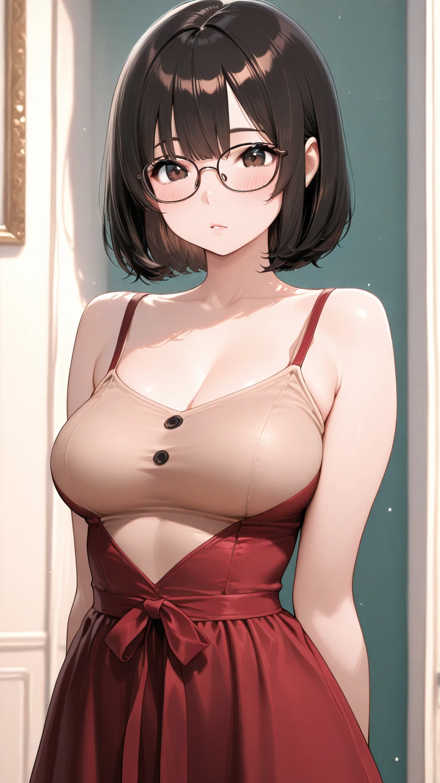 Mature Female,brown skin,short hair,black hair,Lazio hair,Marked eyebrows, serious look, marked nose,glasses,Big lips, bigbreasts,red negligee