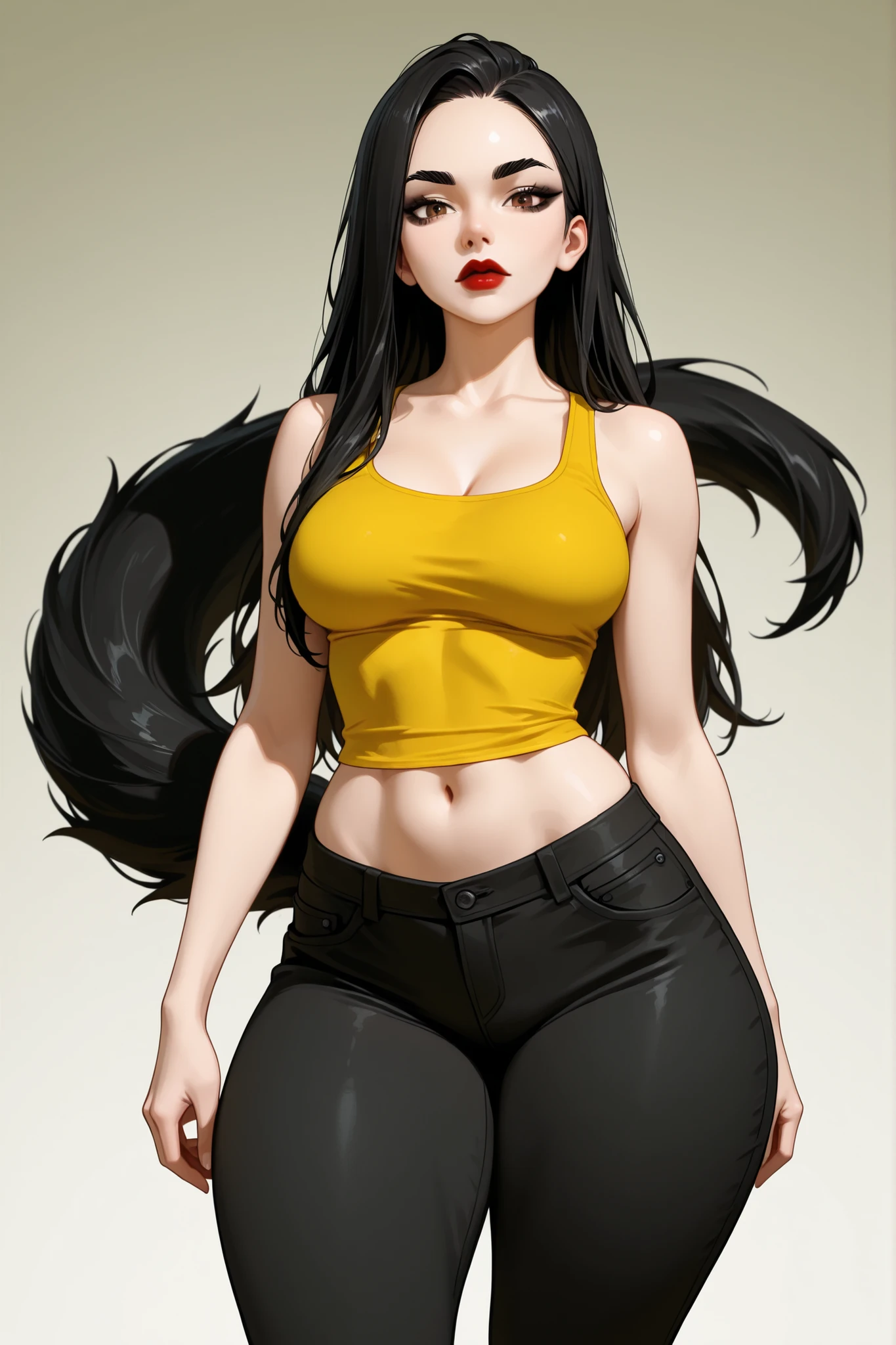 1girl, perfect face, perfect body, forehead, very long poyntail, black hair, black eyebrows, natural eyebrows, brown eyes, black eyeliners, nose, red thick lips, beautiful girl, medium breasts, tank top, yellow tank top, navel, pants, thick thighs, looking at viewer, ((standing))