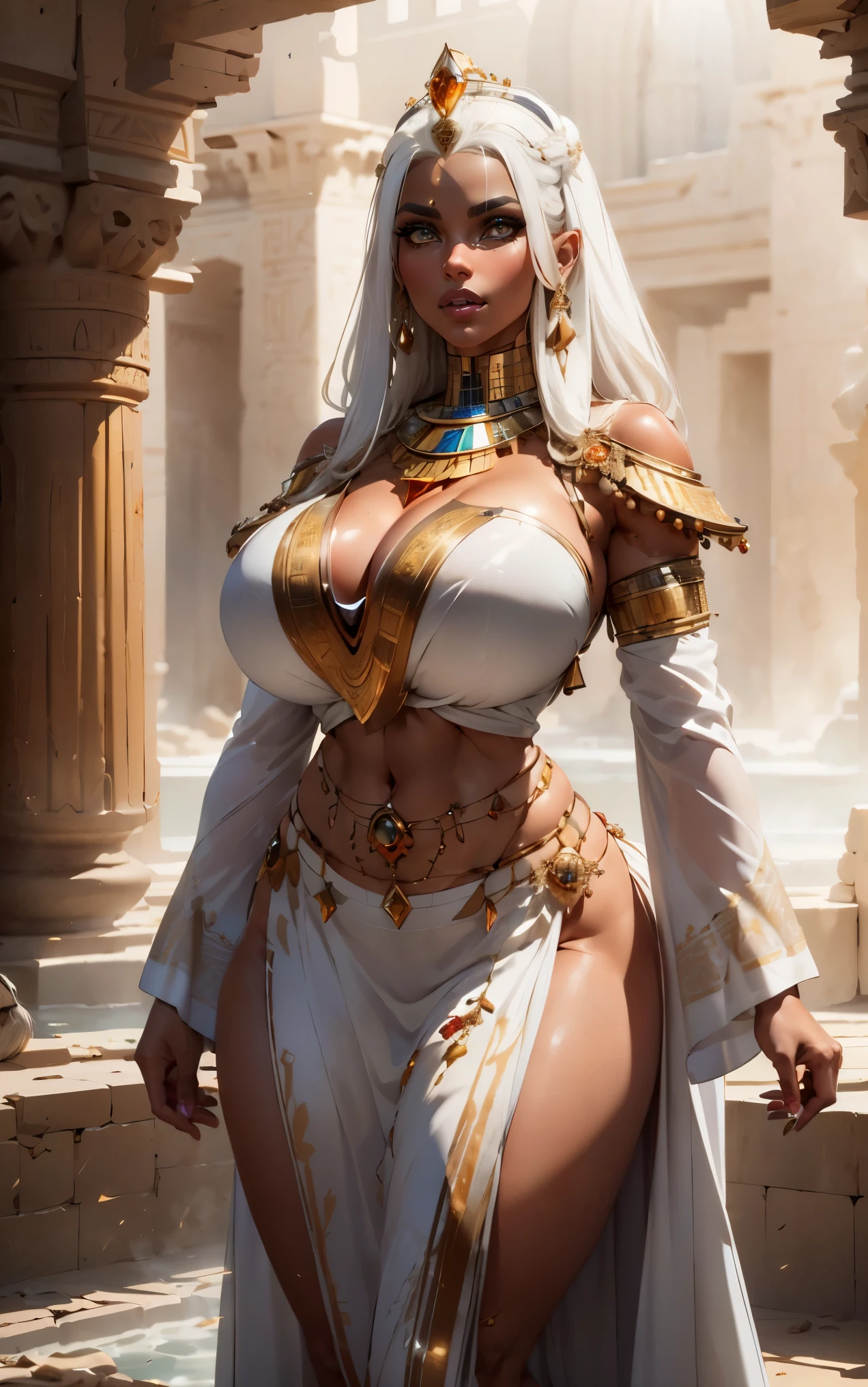 (masterpiece, best quality, perfect face, realistic, (beautiful and aesthetic:1.2), extremely detailed, highest detail face), ((gorgeous 30 years old women, (desert queen), voluptuous hourglass figure, (dark-brown skin:1.6), wide hips, narrow waist, toned thighs, large breasts, (white hair:1.6), (amber eyes:1.4), perfectly fit body)), ((skimpy egyptian robes), gold accessories), (inside desert palace, exotic architecture, (in dimly lit bath chamber)), desert kingdom, looking at viewer, full shot, fake breasts, (elegant, intricate, 4k, sharp, CG, dramatic light, HDR), egypt_style, epic bimbos,