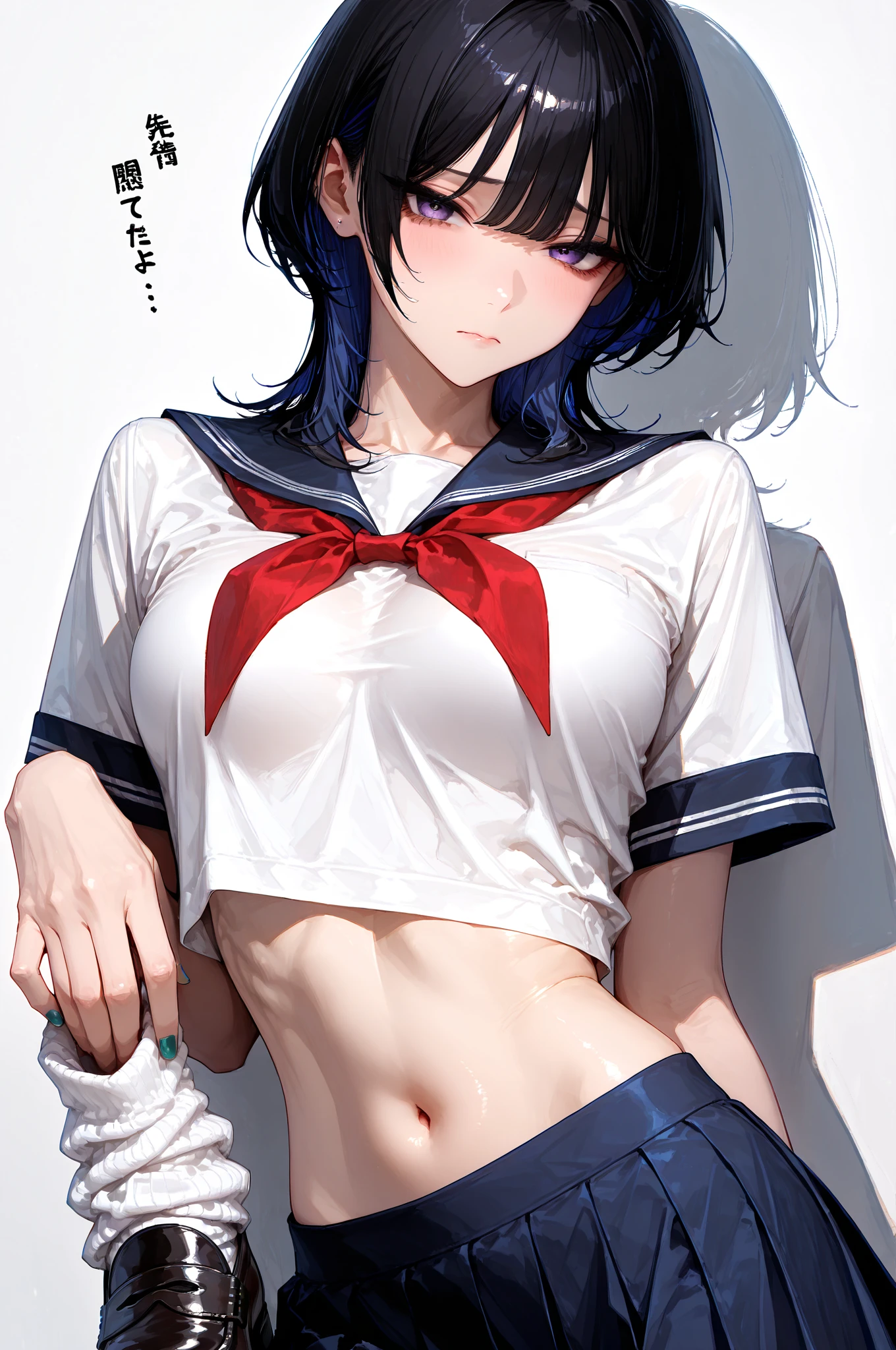 8K,master piece,anime,Perfect Anatomy,Suguha Kirigaya,1female,crossed eyes,(rolling eyes),open mouth,(tongue out),(crying),short sleeved white sailor suit,underboob,micro pleated skirt,(groin),(black thighhigh stocking),(highheel short boots),short hair,(huge perky breasts),(Very small waist and slim body)