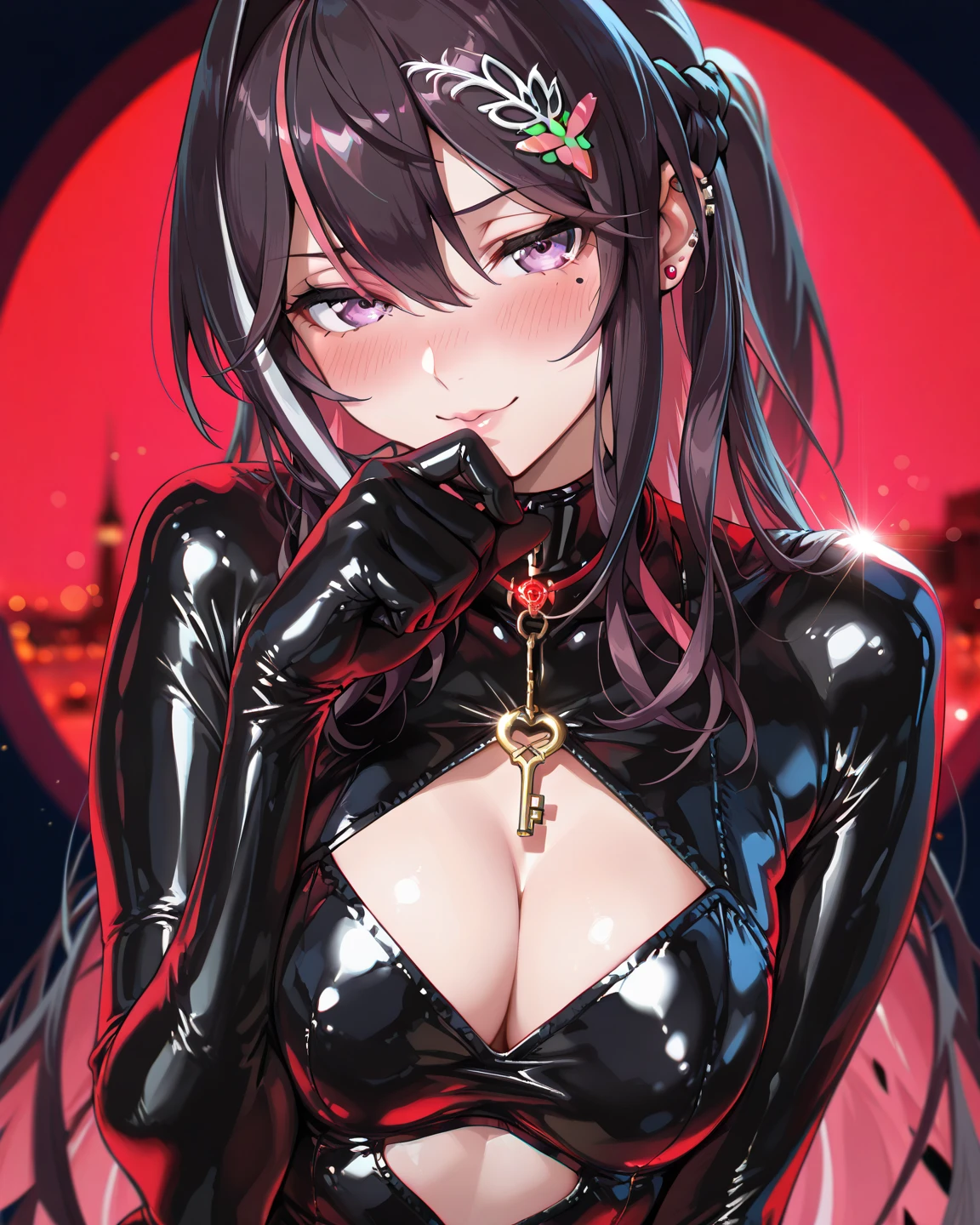 masterpiece, best quality, 1girl,black hair,long hair,glowing eyes, (finely detailed empty pupils and detailed face),,,,extremely detailed picture unity 8k wallpaper,solo,(latex military costume:0.9),large breasts,seductive smile,military hat,latex thighhigh,large breasts,black hair,pink eyes,black leotard,pantyhose,military coat,enamel suits,grossy lips,sitting,crossed legs