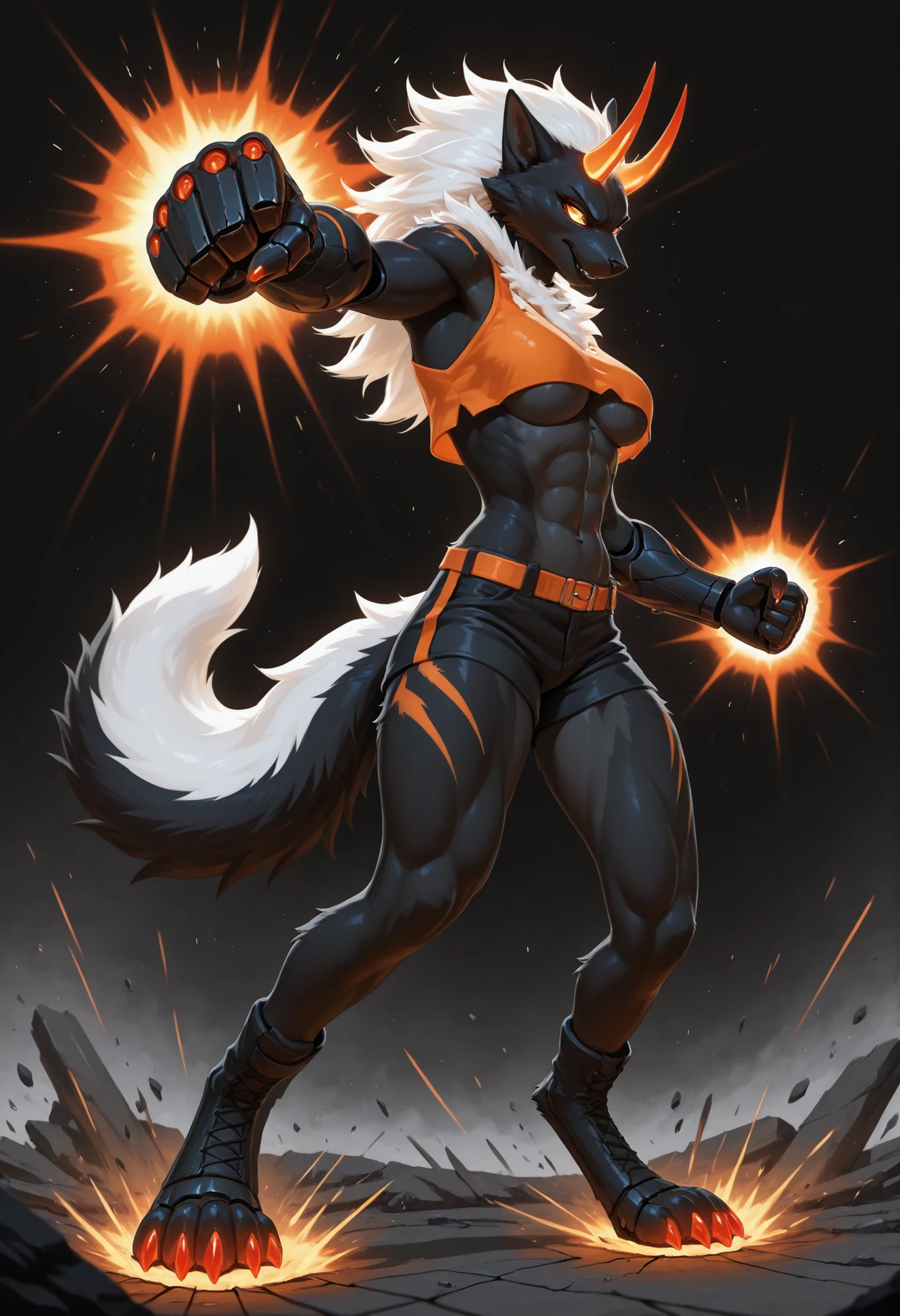 sharrax, ((((anthro)))), ((female)), straight glowing horns,red glowing claws, pitch black body fur, luminous white mane, luminous white-black tail,abstract painting, jet black background , 8K resolution, High detail, Realistic fur texture, fighter, standing in battle stance on cracked ground, athletic yet feminine body, smooth abs, black and orange cropped top with gold trim, slight underboob, tight black shorts with orange accents, belts and suspenders, tail raised high, wearing huge industrial exosuit gauntlets far larger than her forearms, mechanical plating, hydraulic pistons, exposed bolts, glowing orange joints, external power-assist look, not attached to her body, the gauntlets look heavy, oversized, and worn for punching, black combat boots, rubble and sparks background, cinematic orange lighting, anime style
