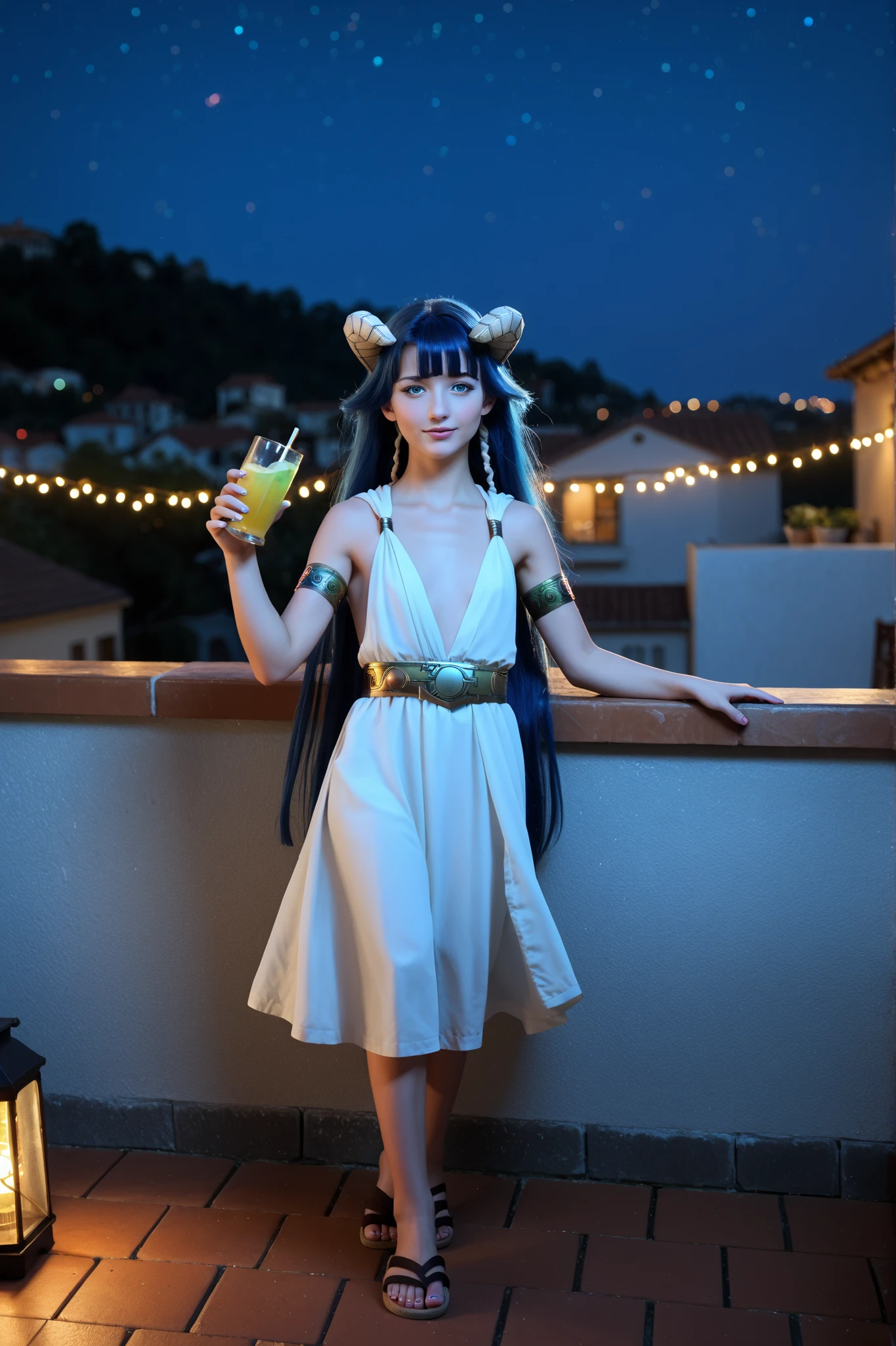 1girl, Saphir Maasa, blunt bangs, very long hair, blue hair, blue eyes, hair tubes, horns,ancient Greek clothes, small breasts, sleeveless dress, white dress, armlet, belt,  sandals,  at a party, surrounded by many people, dancing drinking music, several people in the background, on a rooftop, roof patio outdoors, string lights, night, natural lighting, in full view in a highly detailed photorealistic style
