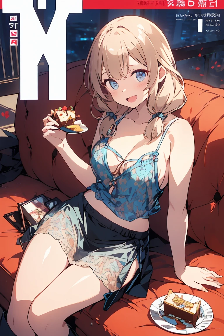 (small breasts:1.2), (perky chest:1.2), (pointed chest:1.2), (Pudding cake magazine cover:1.3),(from above:1.0),(fromside:0.9),masterpiece, 1girl, Amazing Cleavage:1.1, thin waist, optimum,tmasterpiece,hight resolution,best qualtiy,hyper HD,super detailing,awardwinning,16 K，solo,(The upper part of the body),anatomy correct,Beautiful cyberpunk girl，Cowboy Shot,cute face,a blond,Longhaire,Twin-tailed,Braids, Hairline,（scarlet eyes）,long eyelasher,Hanging eye corners,White skin of the,shoot from the side, ((see through camisole:0.1)), ((Sheer nipples:1.0)),Rocket Tits,(Slim body),smile,seductive weak smiling,(with sparkling eyes and a contagious smile),open mouth, Looking at Viewer