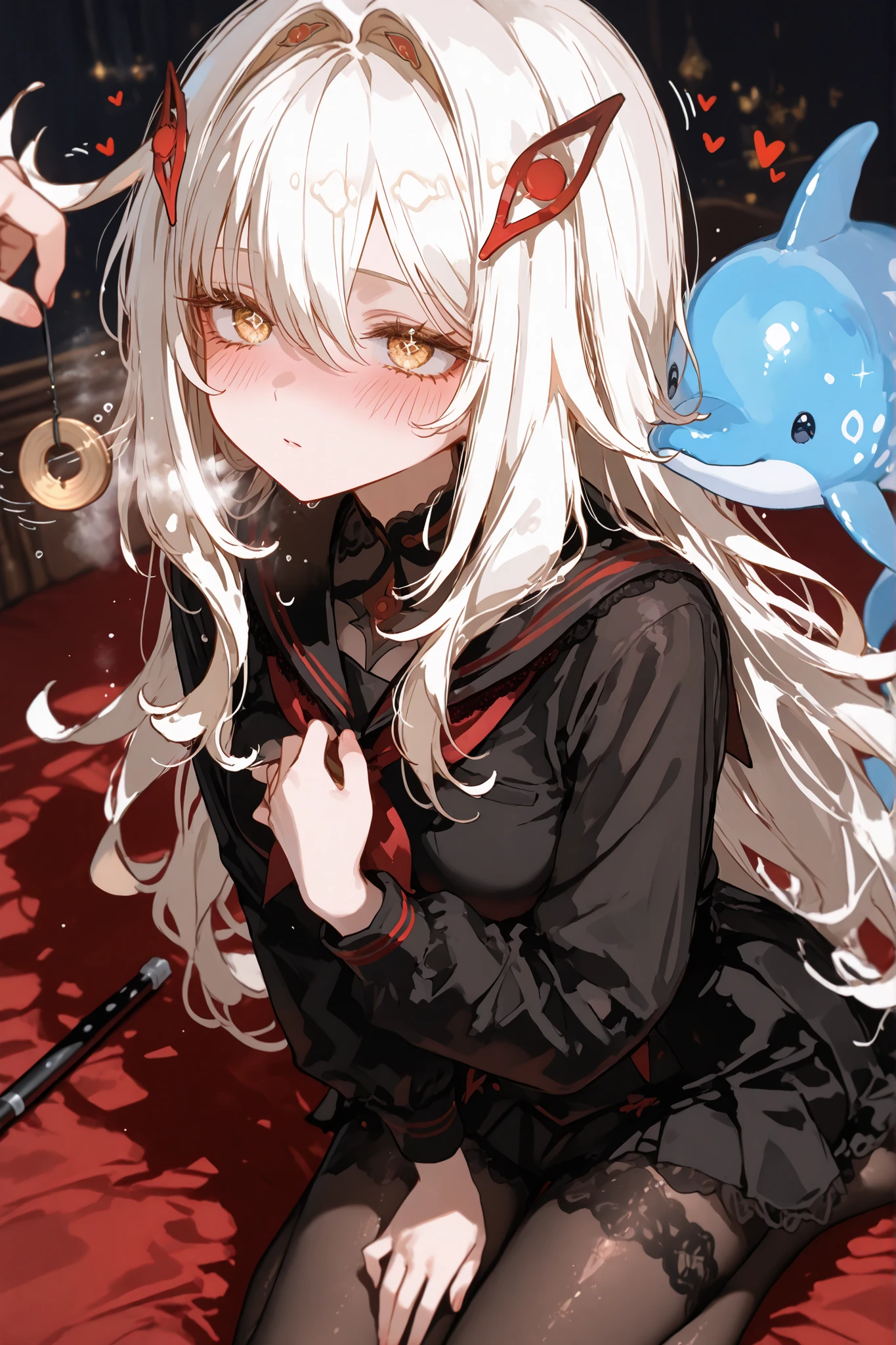 
( photo quality 8K. supersharp images. detailed . gloss seven. )
a girl, ronova (genshin impact), golden eyes, white hair, long hair, dolphin, small thighs,, hypnosis,  with his hands squeezed tightly to one side of his . shy eyes, with a bit of slapstick. blush. folded breath.

wearing a sailor suit ( lộ eo ). wearing black pantyhose. wearing lace leggings.

school scene.
