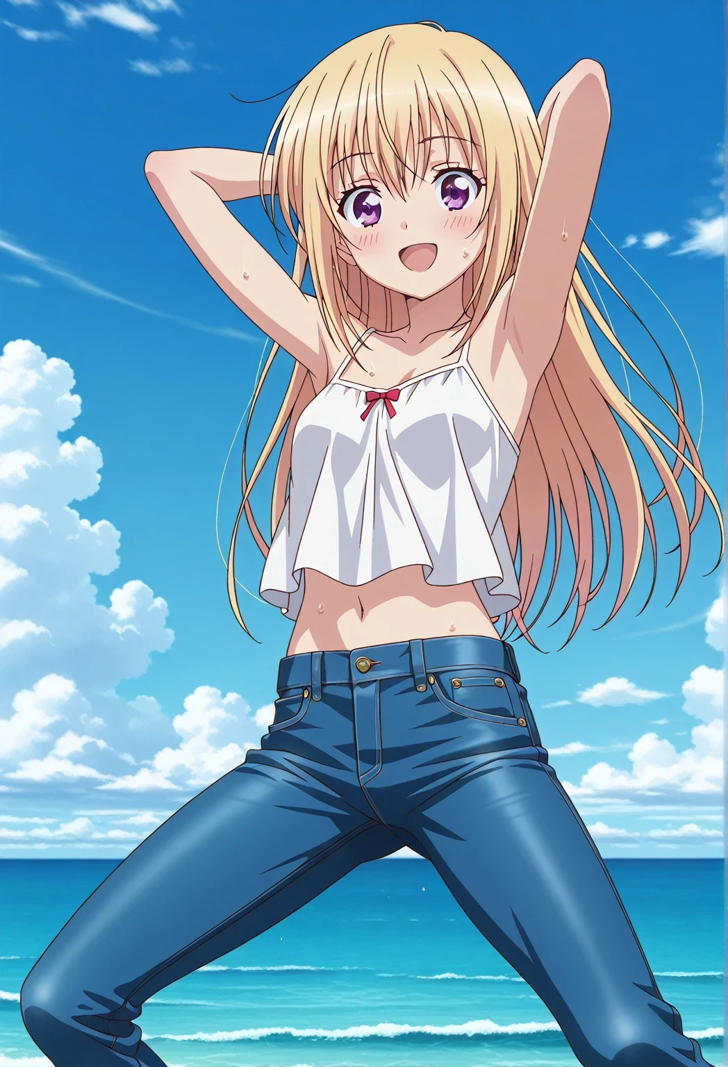 score_9, score_8_up, score_7_up, source_anime, highres, hi res, ((best quality, top quality, perfect quality, Highest Quality, amazing quality)), {{masterpiece}}, {{an extremely delicate and beautiful}}, 2d, intricate details, official style, anime, 8k, anime style, official_anime, official art, digital painting, cell shading, soft shading, high resolution, soothing tones, Subdued Color, Soft cinematic light, adobe lightroom, photolab, HDR, intricately and hyper-detailed, ((high quality animation)), 1 girl, Alone, solo, ((ocean)), tsunami, on the water, day, sunny, outdoors, sky, windy, honami ichinose, long hair, blonde hair, purple eyes, hair between eyes, anime screencap, small breasts, white camisole top, crop top, white crop top, best quality, hyper-detailed jeans, ((blue jeans:1.9)), (dark blue jeans:0.6), full medium body, medium shot, Open mouth, smiling, happy face, blush, sweat, standing, ((arms behind head:6.0)), perfect arm line, bowlegged, jumping pose, action, looking at viewer, spread legs, Bend knees slightly, straight-on front view