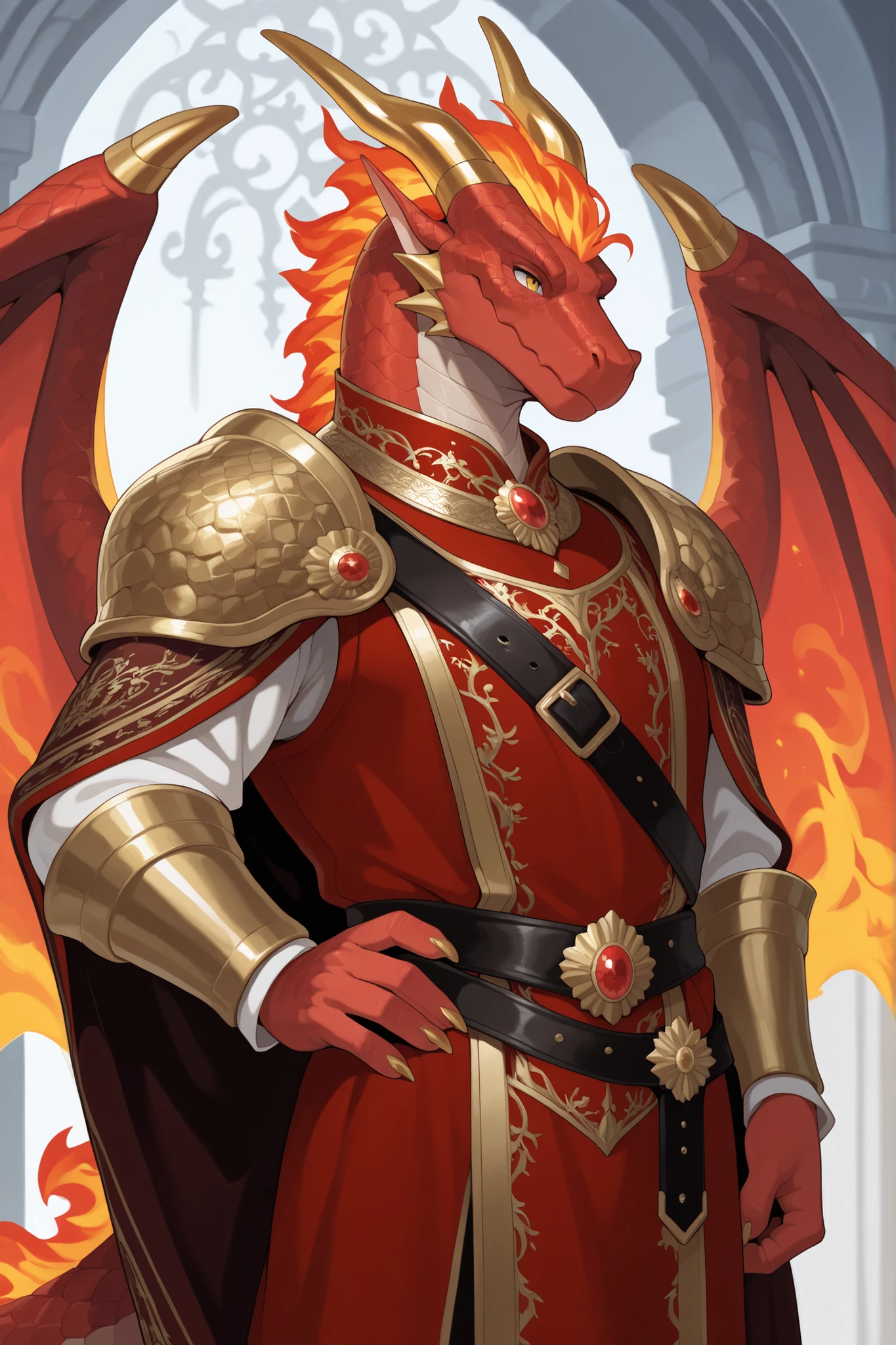Male, tall, mature, muscular, dragon prince, red scales, beige , yellow eyes, fire mane, tail mane, gold claws, gold horns, tail, wings, wearing a royal medieval outfit, elegant, regal, noble, gold embroidery, crimson tunic, scale-patterned cloak, ornate pauldrons, gemstone brooch, royal belt, detailed fabrics, luxurious design, timeless style, fantasy aesthetic, majestic look, standing pose, solo, castle background