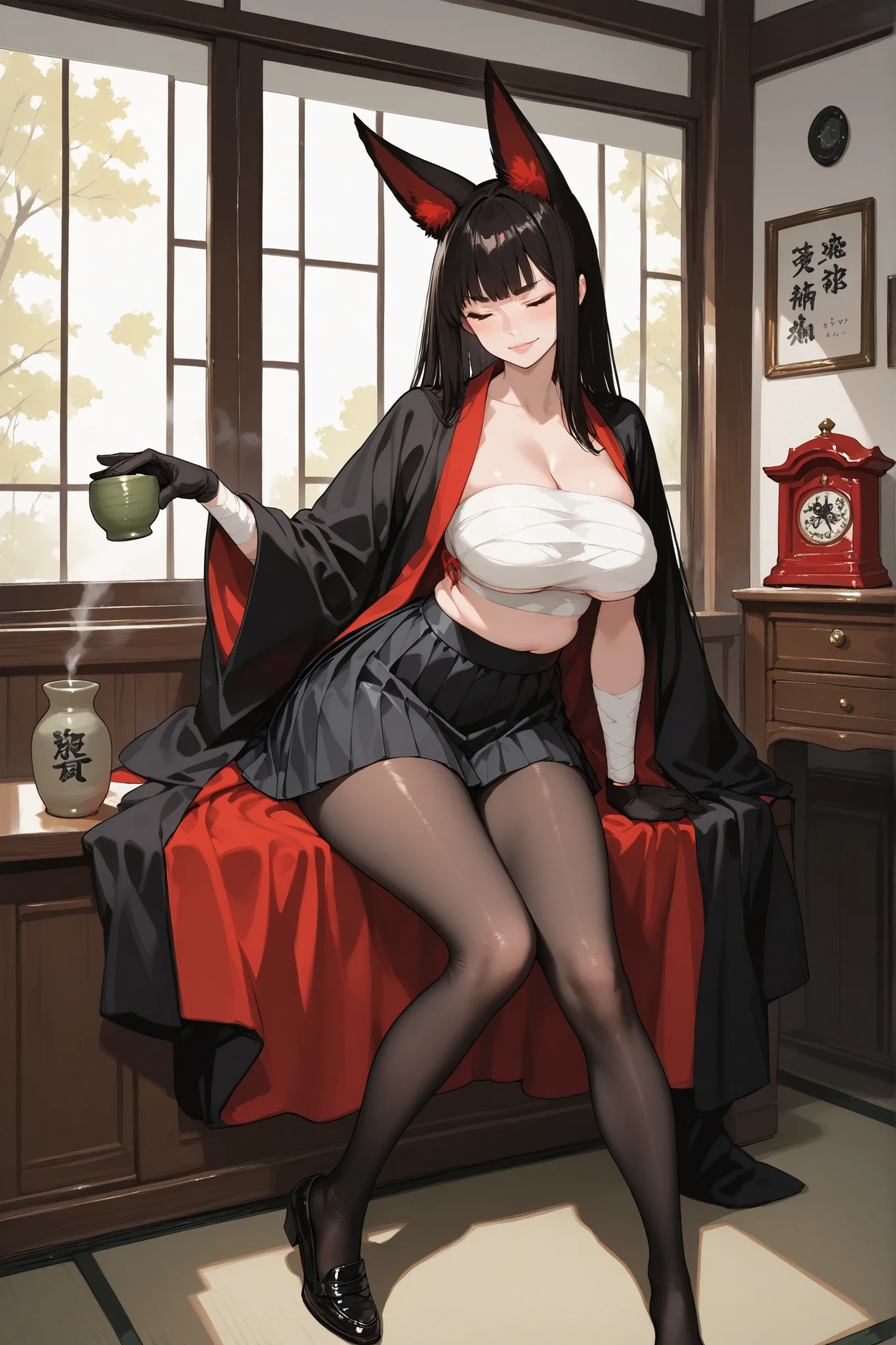 very aesthetic, ultra fine illustration, Newest, Ultra HD, Cinematic Writing, red
1 girl holding a large matcha bowl,  square, full body,  crooked back,
chubby, big boobs,
dark haired, long hair, straight hair per sheet, tight bangs,
closed eyes, Glossy lips,
sarashi, black coat , Black Pleated Micro Mini Skirt, bandaged arms, black gloves, black pantyhose,  Please take off your shoes, ,
fox ears,  hands, Steam,
Tea Room, 数寄屋造り, Sliding doors, noon