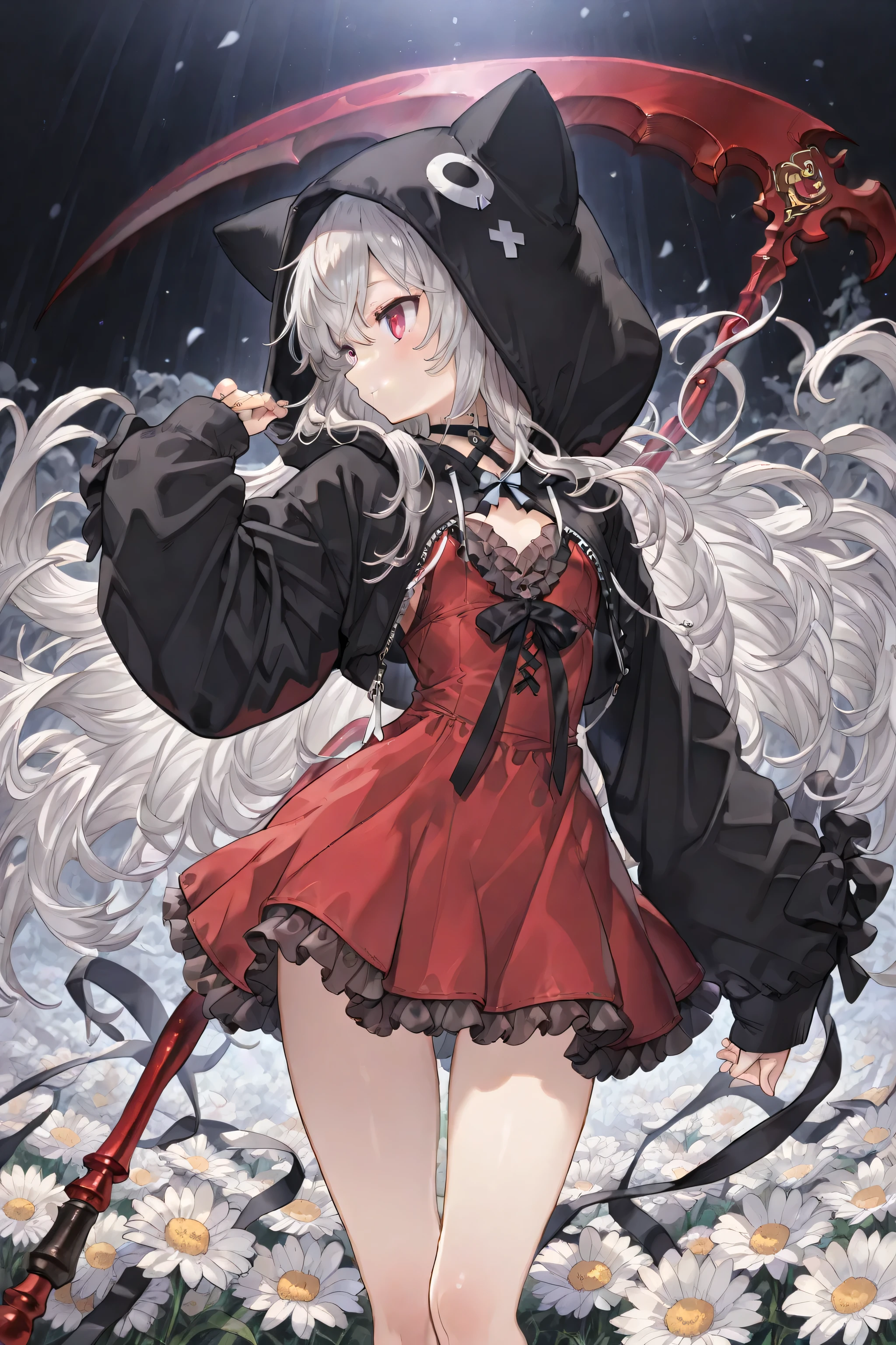 beautiful girl who lost, Chicore from Flower Night、16 years old, long hair, Silver Hair、 Ruby Eyes , ,red cami dress with two shields、Mini Skirt(Highest Quality,8k,high resolution,masterpiece:1.2),Ultra Details,complicated details,highly detailed face,standing、 Frilled Outfit 、Open Chest Outfit、斜めFrom the side、black hoodie、costumes based on red and black、Smile Yan、Grim Reaper's Scythe、masterpiece、From the side、profile