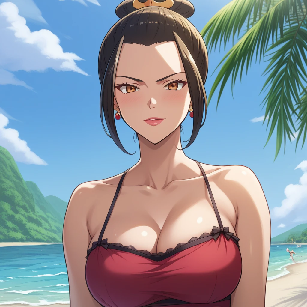  (anime), cartoon, detailed, azula, 1girl, solo, short hair, black hair, hair ornament, ponytail,  brown eyes,  lipstick,  red lips, sfw, no clothes,  out,  visible, no bra, bra less, mature, art by greg rutkowski and artgerm, soft cinematic light, highly detailed, (depth of field:1.4), soft light, sharp, exposure blend, medium shot, bokeh, (hdr:1.4), high contrast, art [[by jordan grimmer]], closeup, happy face, smiling, blushing, shy, proud, posing, upper body