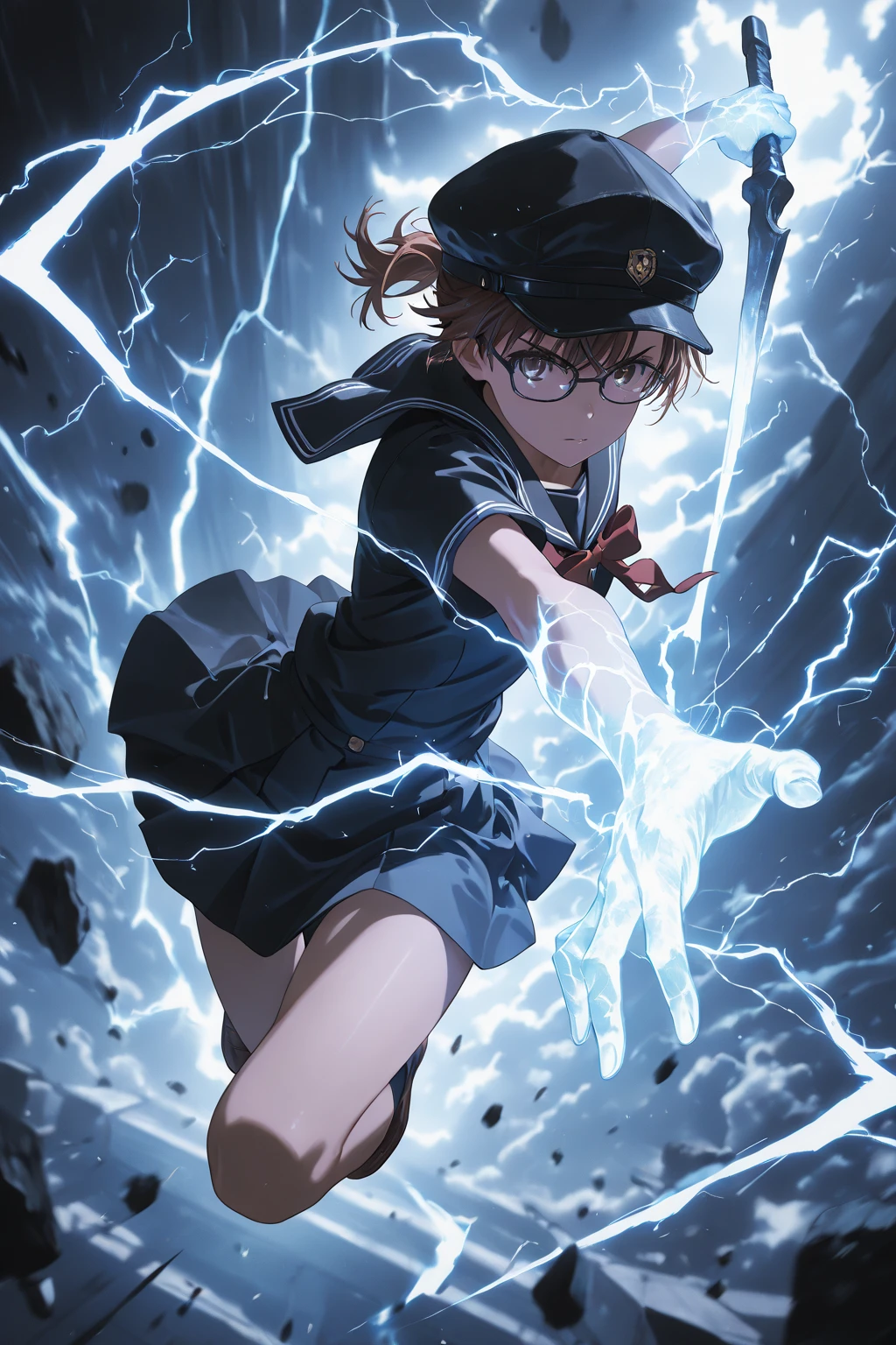 <lora:An25-003oc-EEE_noob_v1.0a1-000210:1>, <lora:nyalia:0.8>, nyalia, foot foucs, low angle, very close up, 
1girl, solo, EEE, x hair ornament, medium hair, dark blue hair, small breasts, 
white sailor collar, dark blue serafuku, white bowtie, no pants, long shirt, 
standing, holding closed umbrella, cast fire magic, magic circle, magical girl, fighting stance, 
outdoors, star sky, night, street, downtown, underwear, 
best quality, amazing quality, very aesthetic, absurdres, beast quality, masterpiece