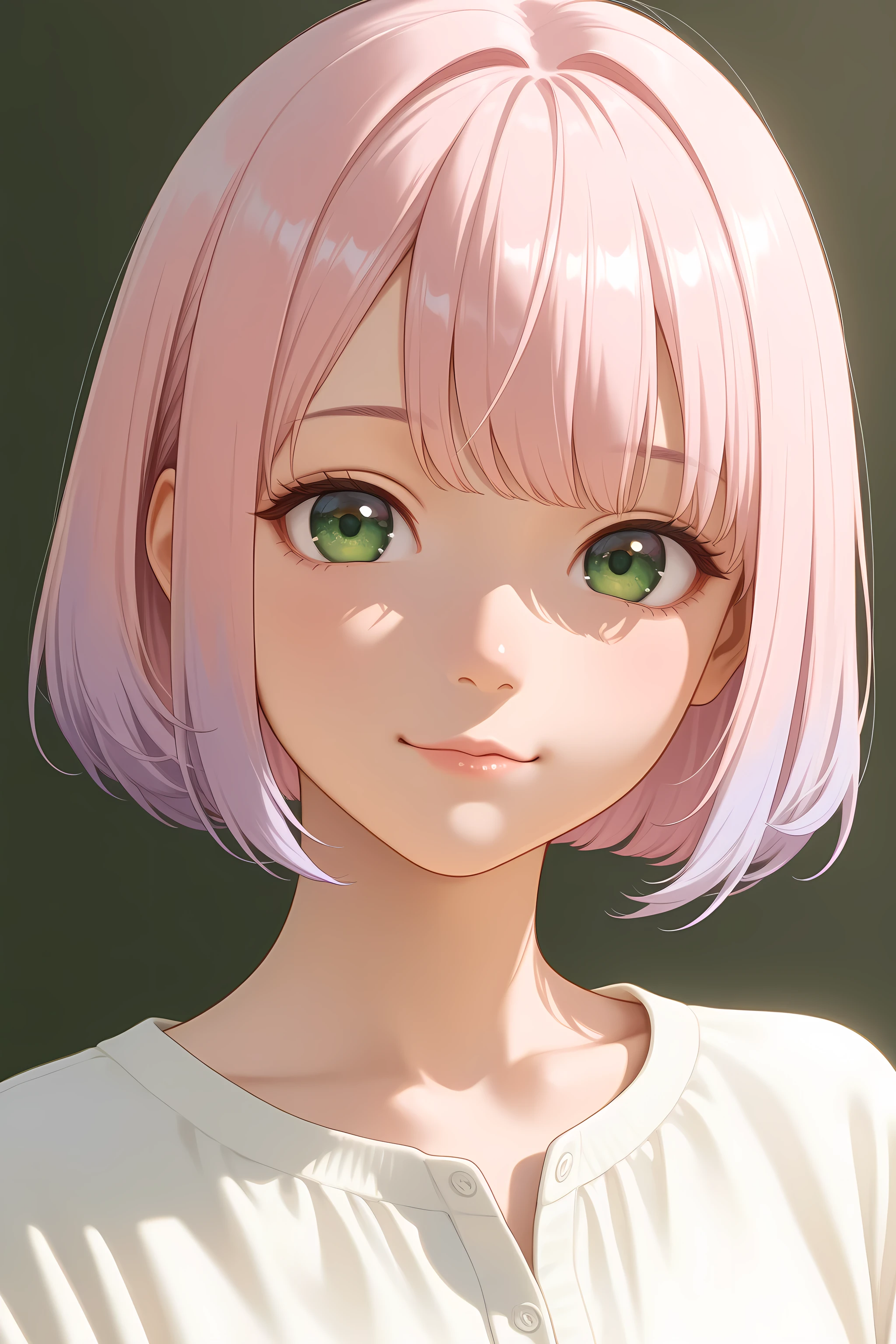 portrait of a beautiful young Japanese woman, bright light pink bob cut hair with pastel purple tips, subtle loose natural waves, subtle big emerald green eyes with a gentle and thoughtful expression, soft natural skin texture, wearing a simple casual top without patterns, no accessories, white plain background, upper body front view, photorealistic anime style, ultra detailed face, smooth shading, high resolution, consistent character reference style