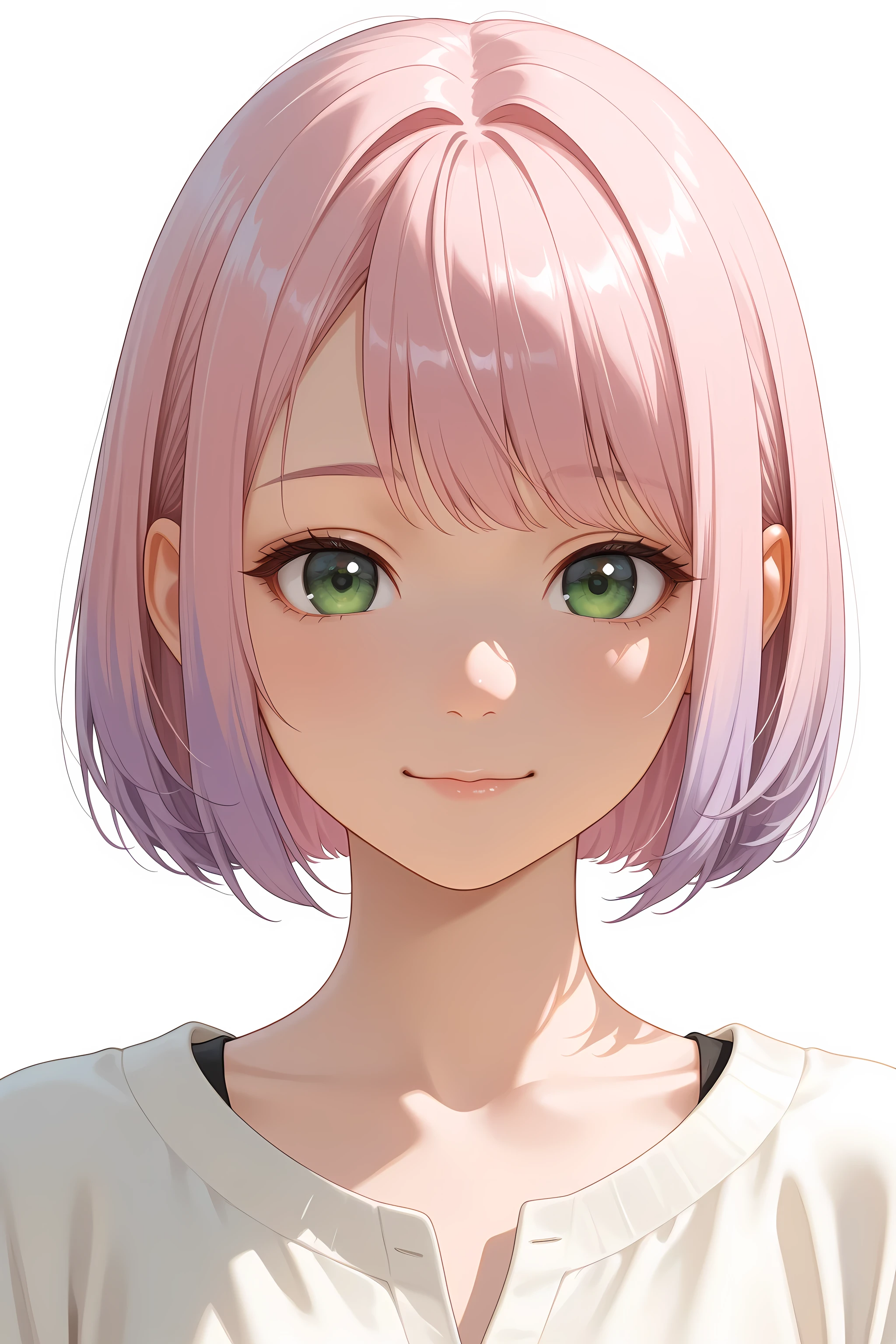 portrait of a beautiful young Japanese woman, bright light pink bob cut hair with pastel purple tips, subtle loose natural waves, subtle big emerald green eyes with a gentle and thoughtful expression, soft natural skin texture, wearing a simple casual top without patterns, no accessories, white plain background, upper body front view, photorealistic anime style, ultra detailed face, smooth shading, high resolution, consistent character reference style