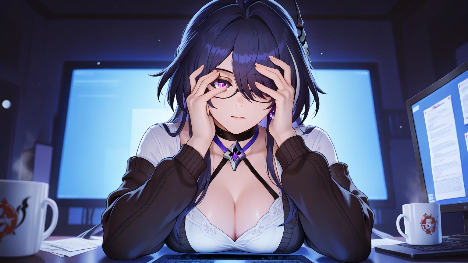 (Safety Sensor、approved、Can be viewed:1.8),masterpiece、highest quality、highest quality、Accurate the human body、Lighting to suit the mood、Accurate、Elaborate、masterpiece、Every detail of the face、Jero-tailed tit, Dark Skin, Woman with dark skin, Side Ponytail, hair ornaments, Hair Clip, White shirt, Bra visible through clothes, Chest pocket, Black choker, Blue tie, Purple scrunchie, bracelet,Latex Blue Pleated Skirt, Thigh straps, Simple Background, whole body, Detailed Background, Leaning forward, alone,Big cleavage、( Big Breasts、An eye is a heart:1.3、Heart Contact Lenses Heart Eye:1.5, Glowing oil skin:1.5, Sweat,vapor:1.5)、(Dim lighting:1.5, night:1.5, Lying on a bed in a sensual room)、((Many words:1.5、Many heartfelt voices:1.5))、Double Peace、The beauty of the eight-headed、Mature Girls、Emotional :1.3、On the bed、sound、sound、Absolutely safe、Small face、Beautiful Girlfriend、(pov:1.8)