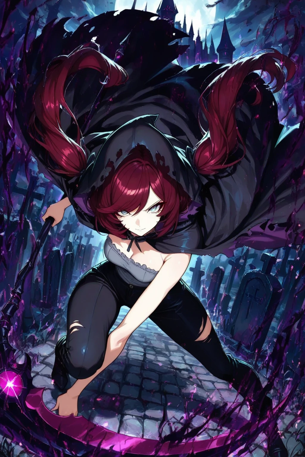 A red-haired woman raises a softly glowing lantern and walks forward, illuminating the path. Darkness begins to emanate from the lantern, forming a swirling black aura that gradually wraps around her. The swirling aura slowly transforms into a black coat, enveloping her body. The lantern then levitates and morphs into a black scythe in midair. She grabs the scythe, performs a full spin, and strikes a dramatic pose in front of a pitch-black graveyard. The scene features strong contrast between the lantern’s soft glow and the surrounding darkness, with subtle particle effects emphasizing the swirling dark aura and the scythe’s energy.