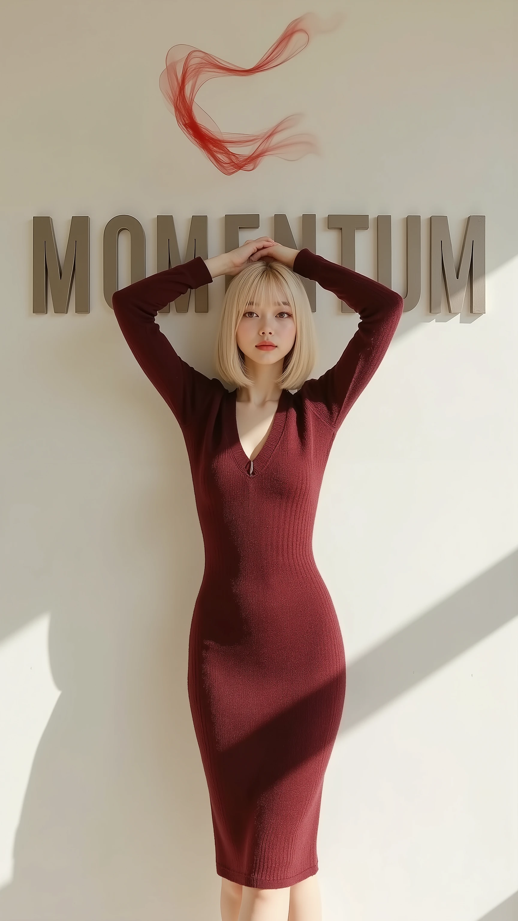 8k resolution photorealistic scene with surreal elements, natural soft autumnal sunlight illuminating her form against a plain white wall with bold "MOMENTUM" text etched in sleek metallic font, a 16-17-year-old Japanese girl with a blonde bob haircut, brown almond eyes sparkling with mischief, and a bright, playful, mischievous smile, wearing a fitted deep maroon V-neck knit sweater that clings to her curves with a subtle plunge paired with a bodycon midi dress in matching maroon that hugs her silhouette elegantly, captured in full body front view standing tall in a minimalist studio with arms stretched languidly overhead to elongate her body-hugging form, legs slightly apart for poised sensuality, subtle surreal crimson wisps flowing from her fingertips toward the "MOMENTUM" wall, highly detailed full body proportions and knit contours, wide cinematic composition
