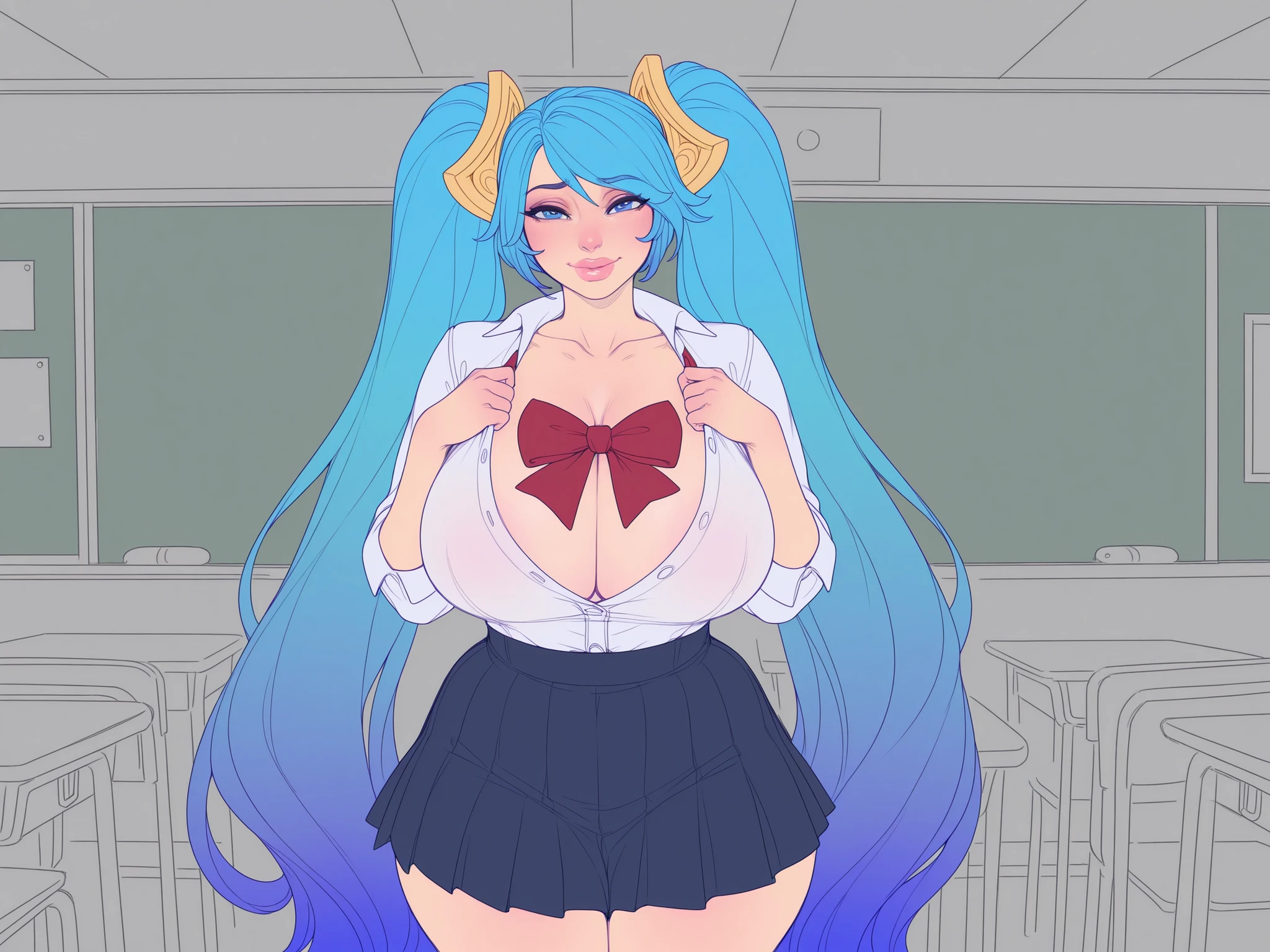 masterpiece, best quality, ultra-detailed, illustration, colorful, flat color, 1girl, sona \(league of legends\), blue hair, blue eyes, gradient hair, twintails, hair ornament, anime, cowboy shot, looking at viewer, detailed skin texture, beautiful detailed face, smile, collarbone, alluring attire, seducing, huge breasts, curvy, voluptuous, thick lips, bimbo, school uniform, white blouse, at classroom, staring with disgust at viewer, art by djcomps
