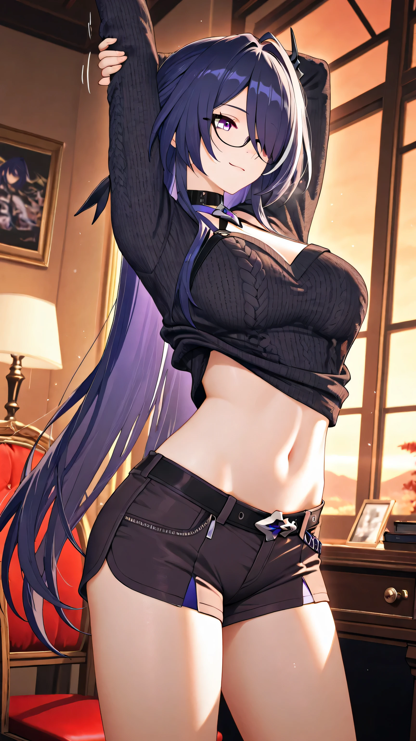 masterpiece, best quality, ultra detailed, semi-realistic anime style, Acheron from Honkai Star Rail, landscape framing, dynamic slight top-right angle, standing up from chair and stretching after long work, long flowing purple-black hair moving naturally with soft motion blur, bangs covering her right eye, gentle smile, glasses reflecting faint light, mature and elegant home outfit (loose knit top slightly lifted as she stretches, dark comfy shorts unseen beyond frame), cinematic ambient lighting from desk lamp and faint sunset glow through window, warm cozy atmosphere, background subtly blurred with soft focus depth, subtle dust particles and motion lines for realism, GR-Illustrious style, masterpiece