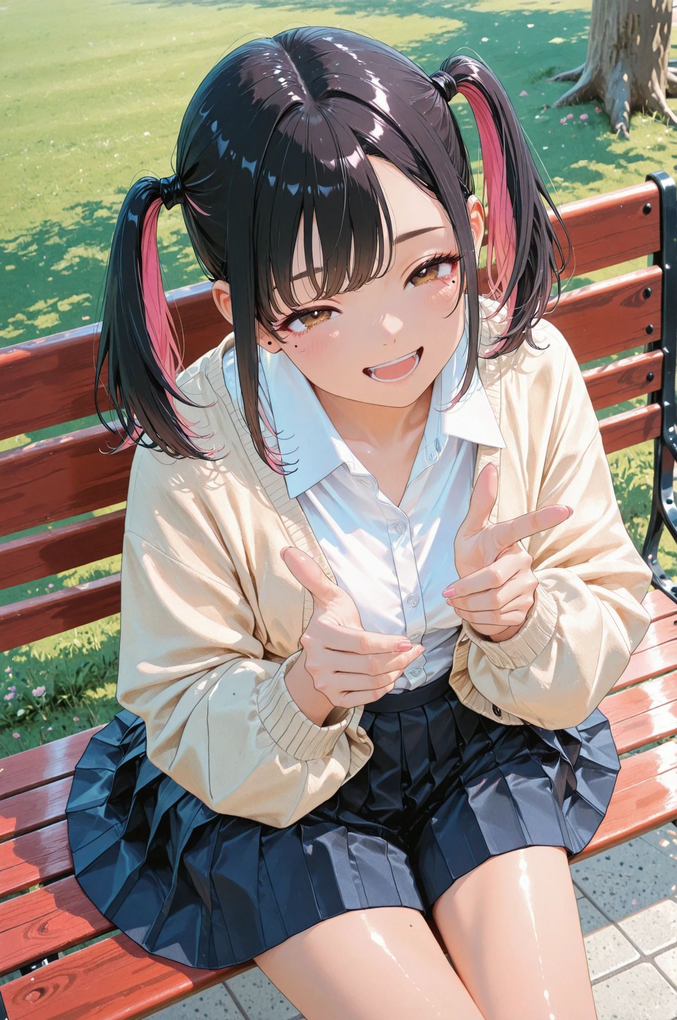 Beautiful girl, womanhood, solo, laughing, ((sitting:1.4, from above)), finger gun, uniform, pleated skirt, white shirt, beige cardigan, shiny skin, sit on a park bench, Highest Quality, Amazing Quality, illustration art, Professional Art, An oil painting finish that creates a glossy three-dimensional effect,Minami Yoshikawa black hair with pink inner color hair, twin tails, asymmetrical hair, brown eyes, mole under the eye, slight build,
