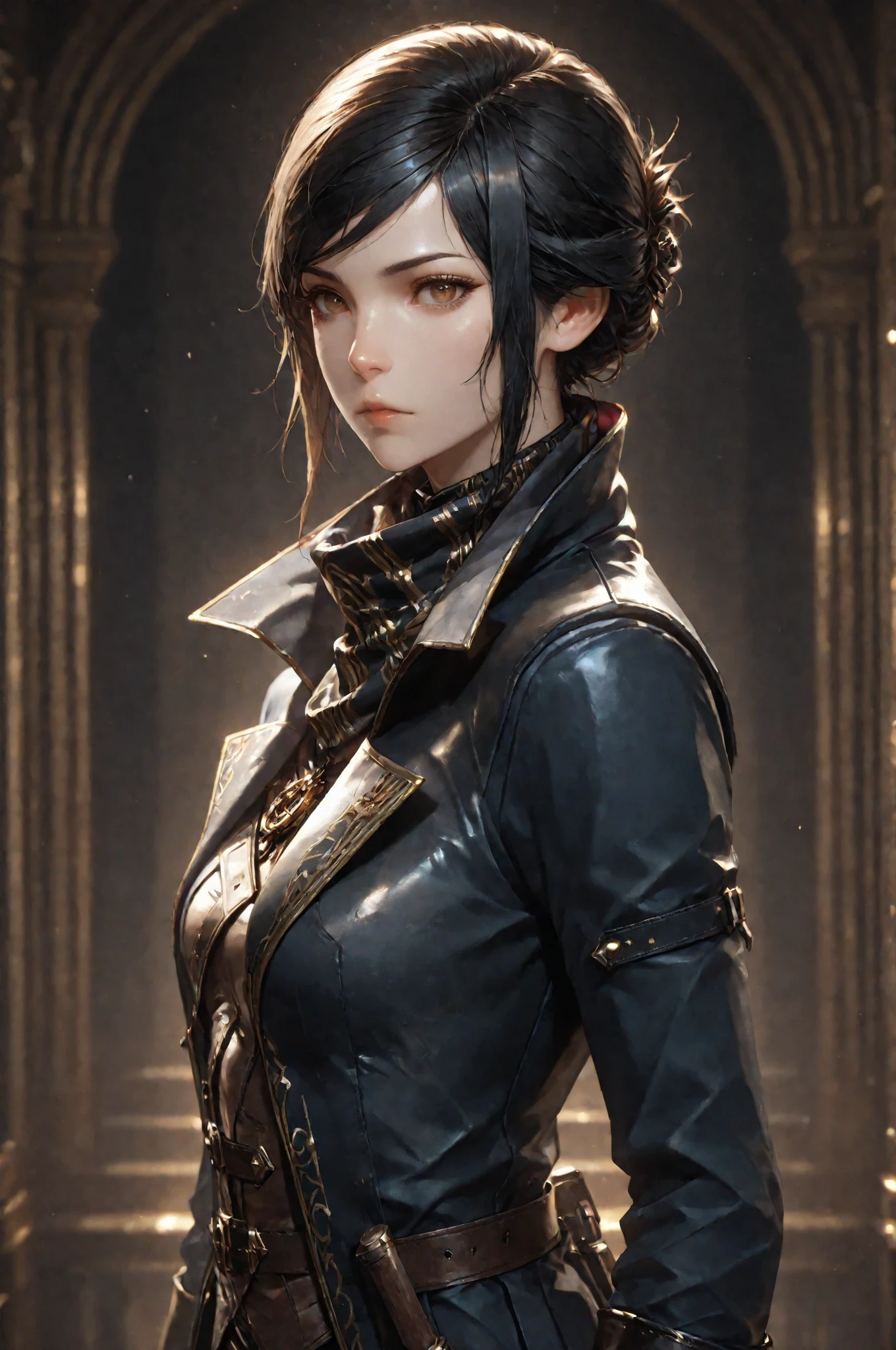 D2_Emily, 1girl, solo, brown eyes, eyesHD, high gradient eyes, detailed eyes, high definition eyes, E_short black hair, E_dark blue long coat, E_gold embroidery, E_asymmetrical coat tail, E_face scarf, purple inner lining, E_leather vest, black gloves,fingerless gloves white cuffs, E_pants, E_knee-high black boots with gold zipper details, Her gaze is focused and determined, which highlights her strong personality. Anatomically accurate ratio, detailed skin image, the girl is incredibly beautiful, the girl has an incredibly beautiful face, detailed portrait, the girl looks directly at the viewer, detailed skin image, upper body view, side view, fingerless gloves, steampunk aesthetic, aristocratic warrior, tactical attire. The girl is standing in the throne room of Dunwall from videogame Dishonored, best quality, vibrant, very aesthetic, high contrast, semrealistic, newest, (masterpiece, detailed:1.2), proper lighting, proper shadows, extremely detailed CG unity 8k wallpaper, perfect lighting, colorful, ultra-high resolution, detailed background.