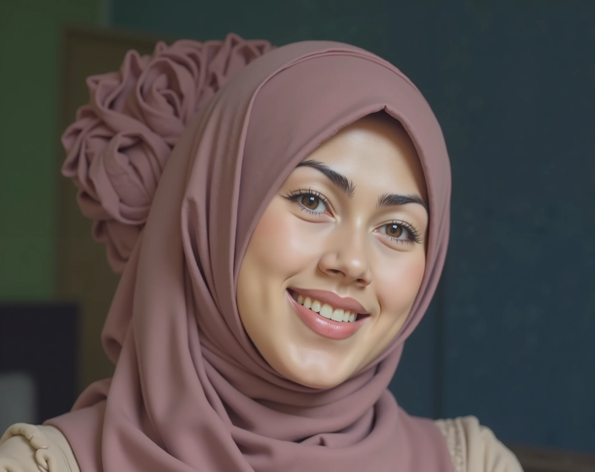 hyper HD, Masterpiece, Textured skin, 4K, Best quality of potrait a Beautiful hijab asian woman white fairy skin wearing dress , close-up half body , perfect hijab, detail veil , hyper realistic scarf and ornate on her side big back head hijab on likely hijab bun style , happy vibes, beauty smile , open mouth showing teeth , smiling confident , huge breast , perfect hands , auto correct detail fingers.