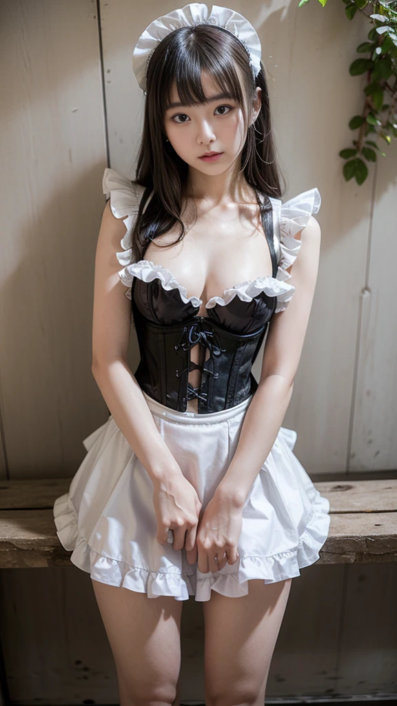 (((Browsing Caution)))、(((Spread your legs)))、((detailed、Highest quality、、masterpiece:1.3))、One Girl、smile、写真のポーズをとる白いcorsetのアラフェッド女性, エレガントなcorset, corset, Gorgeous maid, Light milky porcelain skin, 非常にタイトなcorset, corsetを着用, Japanese Goddess, Yoshitomo Nara, White skin like porcelain, Smooth white tight clothing suit, Maid clothes, Milky skin, Anime Girl Cosplay, Maid clothes, corset