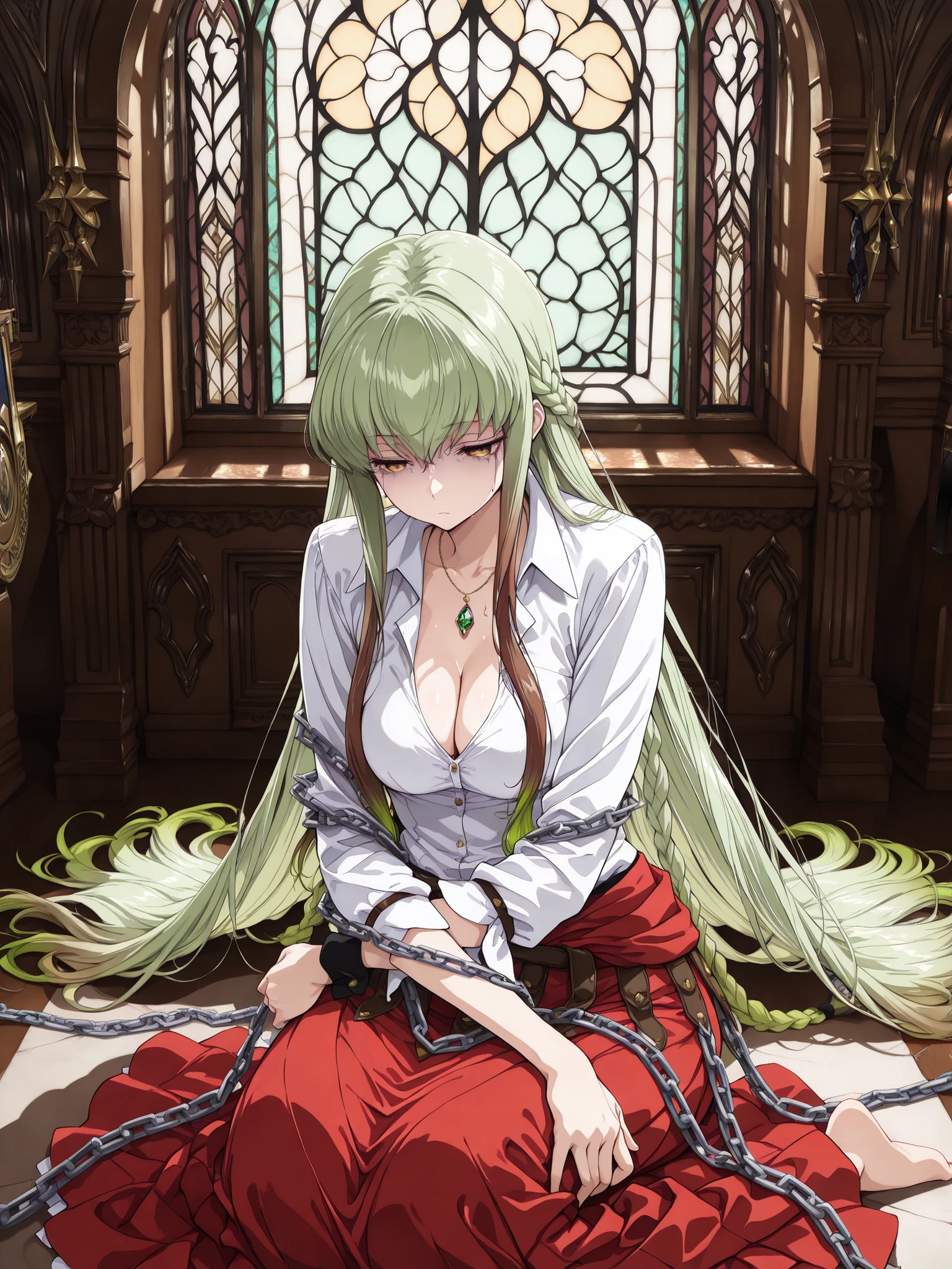 ((言語: 日本語、英語)、(Masterpiece), (Highest Quality), (High Score), (High Resolution),(4k),Uncensored,),
(masterpiece, best quality, very aesthetic),
(中世のイギリス、(冬)、(夕方)、(屋外)、1girl,,solo,),

(,(Classic church, dark brown walls, small church, stained glass, windows),,,BREAK,,(White chains, (very long chains, chains wrapping around the body, chains wrapping around the arms, chains wrapping around the waist)),,(Countless chains),(Anatomically accurate structure),),

((（ステンドグラスから光が差し込む、彼女の顔を照らす）、,BREAK,(game cg),(beautiful hair,Extremely delicate hair rendering,hairdetailer:1.5),(ultra-detailed face:1.4),(deep detailed eyes:1.4),[(spotlighting:1.4)],))

((mature woman,cccdg, green hair, very long hair, sidelocks, yellow eyes,Two braids, braids worn forward, [(gradient hair from green to light green:1.4)0.6],Waitress, white shirt, long sleeves, (sleeves gathered at the wrist), red kilt, very long skirt, scarf, soiled clothing, (open collar)),Pendant,(medium breasts),cleavage,),( (barefoot),),((expressionless),narrow eyes,)sitting on the floor,,BREAK,(hugging own legs:1.5)(arms folded across stomach:0.6),(head down:1),(Exhausted, tired),[sideways glance:],[cowboy shot:],[from above:1.5],[overhead shot:1.5],(Torn clothes),),

(),
（ハイスコア）、（最上級の画像生成）、
(The correct number of fingers, five fingers),
（正常な彩色）、（丁寧に画像生成する）、
