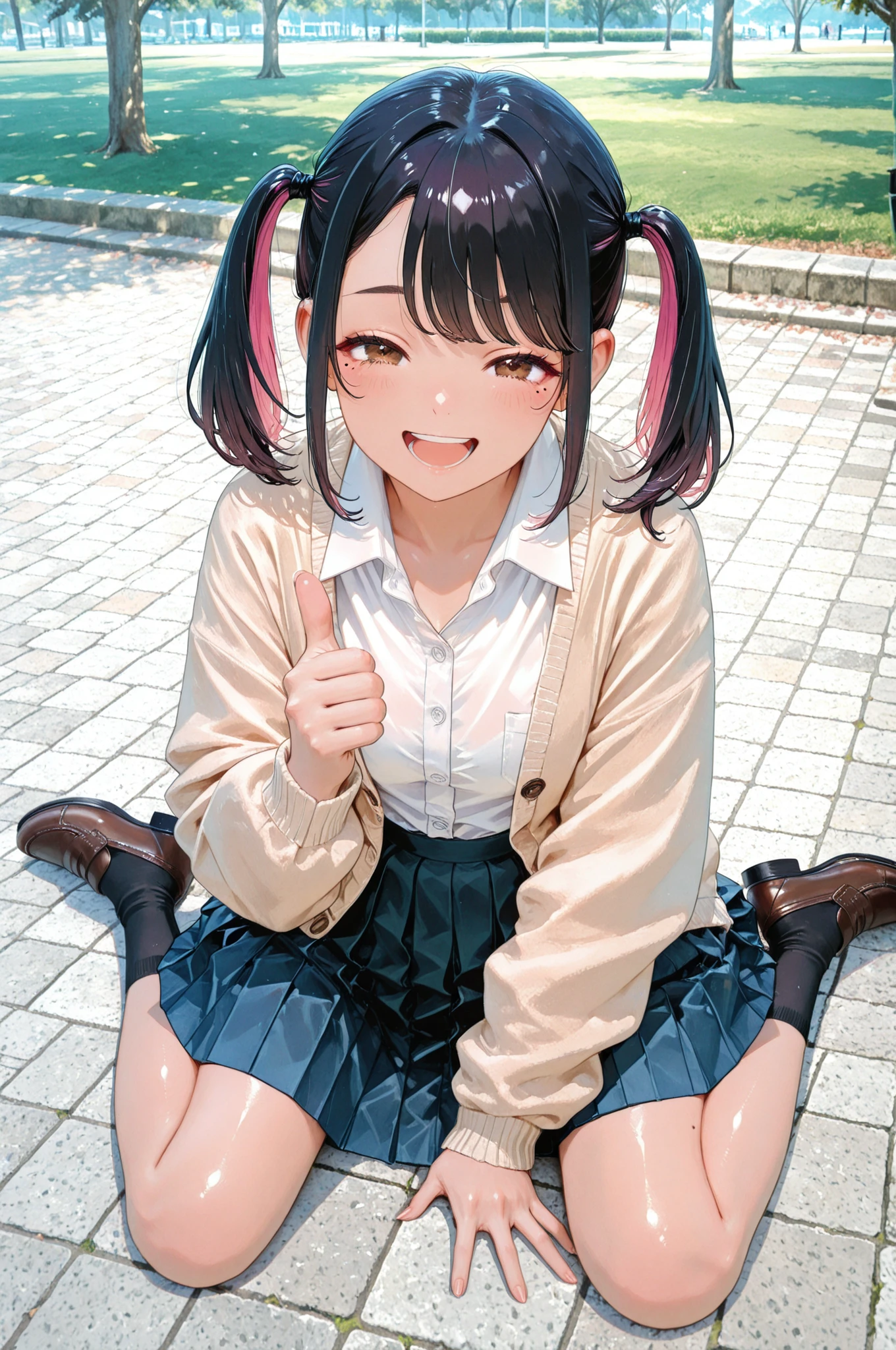Beautiful girl, womanhood, solo, laughing, ((wariza:1.4, from above)), 4 fingers, (thumbs up), uniform, pleated skirt, white shirt, beige cardigan, shiny skin, park lawn, Highest Quality, Amazing Quality, illustration art, Professional Art, An oil painting finish that creates a glossy three-dimensional effect,Minami Yoshikawa black hair with pink inner color hair, twin tails, asymmetrical hair, brown eyes, mole under the eye, slight build,