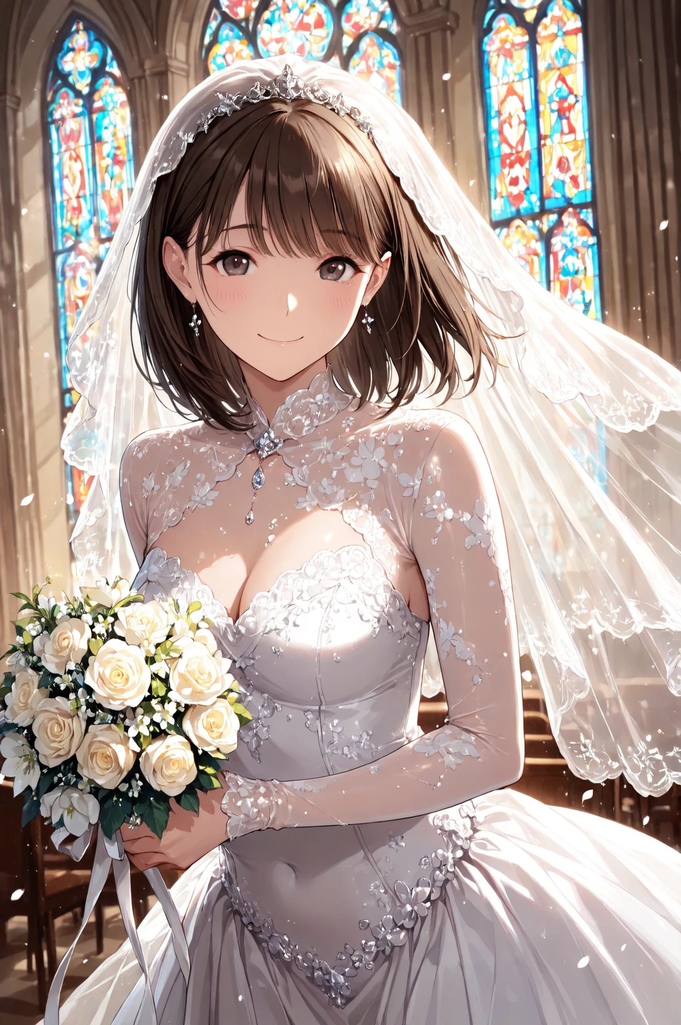 Elegant Mermaid Line Wedding Dress、((Sheer Tulle Veil))、Stately Gothic Church、Light Through Coloured Stained Glass、Happy Smiling Woman、moving atmosphere、Professional Wedding Photography、Clear Details
、、,、,
,,
..
,( masterpiece, Highest Quality, high resolution, ultra high resolution, pixel perfect, depth of field, 4K, RTTX10.0), 、Nene Kasaki々, 、Shiny Hair, beautiful eyes,faces smiling from the waist up , , (fine particles), , ,, (masterpiece:1.2, Highest Quality), ((only1 girl,solo)), (( cowboy shot)),
