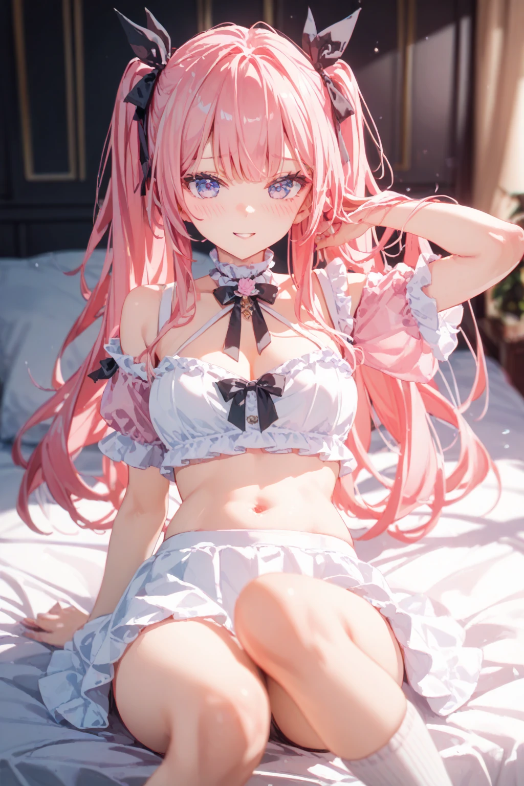 (About one girl、Mr.々From an angle、Super beautiful girl)、(Character portrait),ultra-detailed、(8k, RAW photo, best quality, masterpiece:1.2), (extremely detailed 8k wallpaper),professional lighting,sharp focus, depth of field、nfws,((Pink fluffy short bob、rainbow colored curl hair、Curly hair))、Flower Hair Ornaments、shoulder、clavicle、((Off the shoulder、Knitted dress、black tights、High heeledium breast,(Correct number of upper limbs、Correct number of fingers)