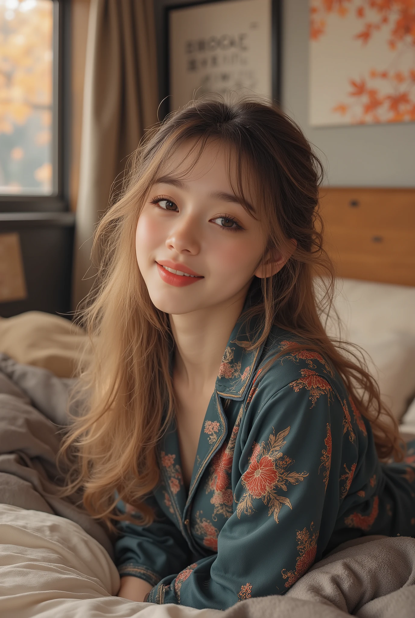 close-up、sitting on the bed in rococo style pajamas and stretching out while facing here with a smile、Oriental beauty with blond hair and black two-tone bob with only twirling bangs、highest quality、Outside the window is Momiji no Mori、