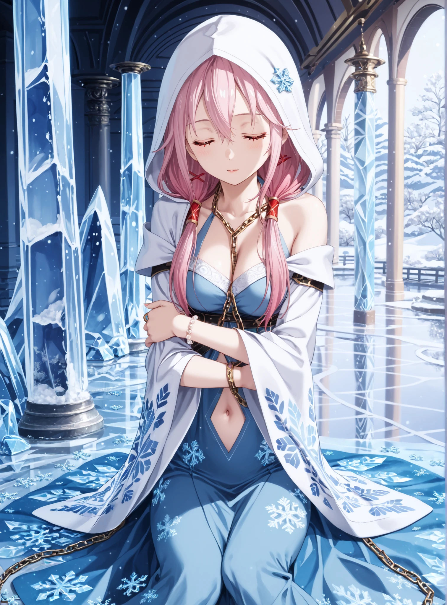 ((language: Japanese、English)、(masterpiece), (Highest Quality), (high score), (high resolution),(4K),uncensored,),
(masterpiece, Highest Quality, very aesthetic),
(Fantasy、Ancient Nordic、(winter)、(night)、(moonlight）、(Indoor)、1girl,,solo,),
（ice and water,ice,water,water ring）、
(,(Ancient temples, Temple of Beautiful ice, iceの床, ice柱, iceの反射,moonlight),(ice柱, ice Crystals, Crystals),(iceの指輪),,,BREAK,,(very long chain, WHITE CHAIN, Chain wrapped around her body, chain wrapped around her waist, chain hanging from the ceiling, (pure white chain)),(chain wrapped around the arm, chain hanging from the ceiling),,(Anatomically correct),),

(((moonlightの光が彼女を美しく照らす）、(iceの反射）、,BREAK,( game CG), (Hair Fluttering in the Wind), (Hair detailer:1.5),(Highly Detailed Faces:1.4),(detailed eyes:1.4),[(spotlight:1.3)],))

((mature woman,long hair, pink hair, Rose Tails, in the night sky, Red Eyes, hair ornaments, hair clip,white hood, [(gradient hair from pink to light blue:1.4)0.6],,BREAK,middle ages,(white hood), Western dress,blue dress,(Noble Costume, Gold Embroidery),,(Very long hem), long slit, Disconnect, white embroidery, Off Shoulder, long sleeve,  wide white sleeve , belly button,halter neck, Bodysuit,(Luxurious Embroidery, floral pattern), snowflake,(chain bracelet,),Off Shoulder(slightly smaller breasts),(Short Height),(belly button),),((Deep sleep,  completely closed eyes),Half Eye,(breathe),(makeup:1.1),)sitting on the ice bed,(square),,BREAK,(Embrace Your Arms :1),(knees holding shins:1.2),,BREAK,[cowboy shot:1],[from above:1.5],[頭from aboveのショット:1.5],,BREAK,(Put the hood on your head),(Off Shoulder),),

(),
（high score）、（Top image generation）、
(number of correct fingers, Five Fingers),
(very long chain, WHITE CHAIN, Chain wrapped around her body, chain wrapped around her waist, chain hanging from the ceiling, (pure white chain)),
