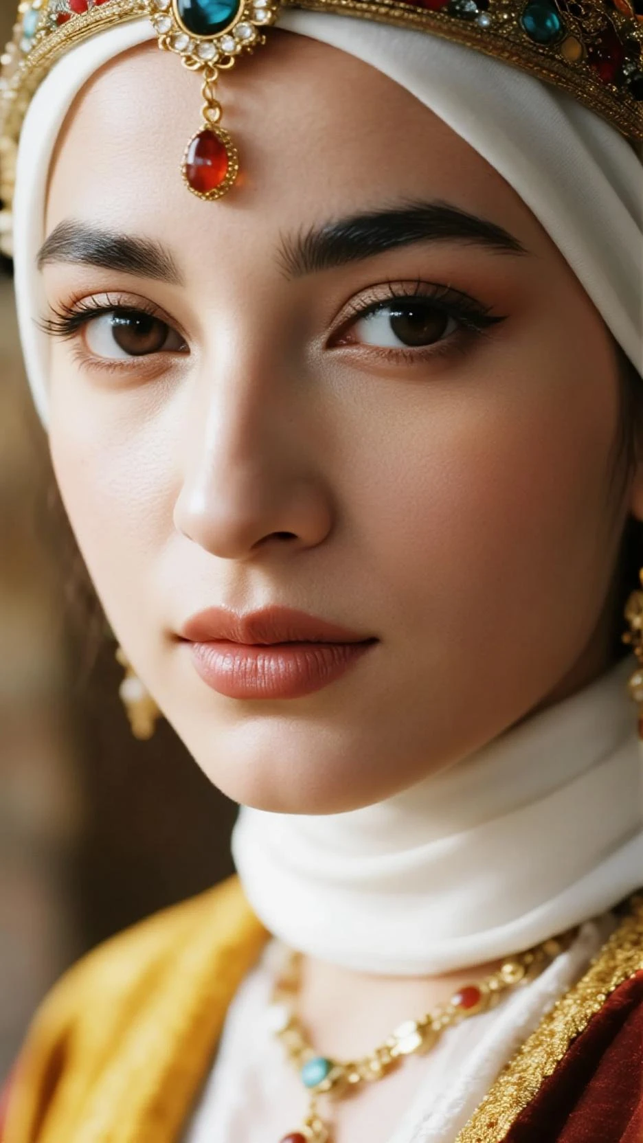  , , (Close-up of the painting style，Ultra HD 8K，Masterpiece grade CG wallpaper)，Cinematic lighting，cute girly，Delicate and beautiful face，Dreamy pupil , round waist,javanese hijabi, poem,Sit，Cloudy background,the trees,florals, magical