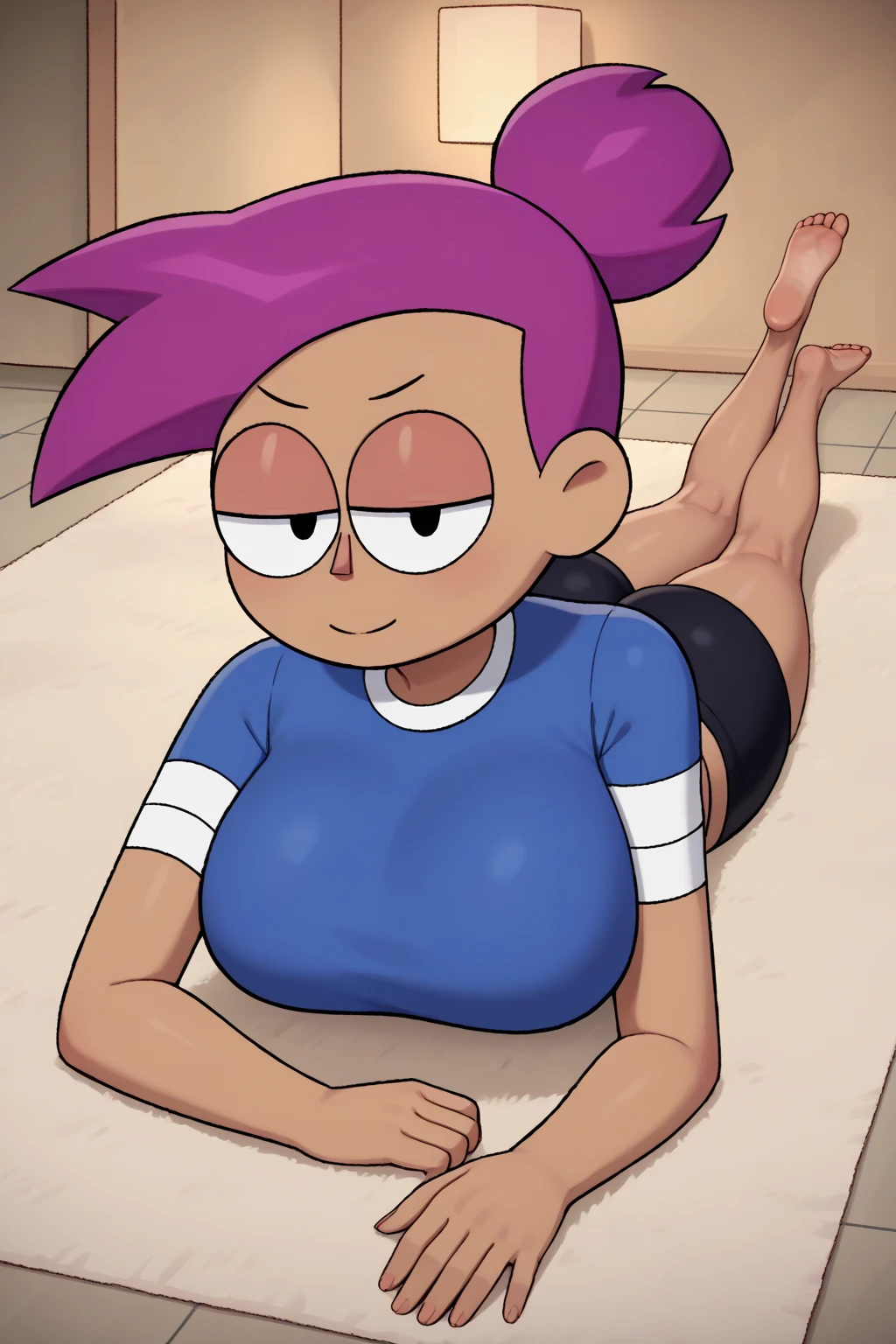 1girl,Alone_female,shelly de brawl stars,long purple hair,Dark skin,big breasts,naked,thick thighs,inverted nipples,sitting,bandage on the cheek,smiling,legs open, black eyes