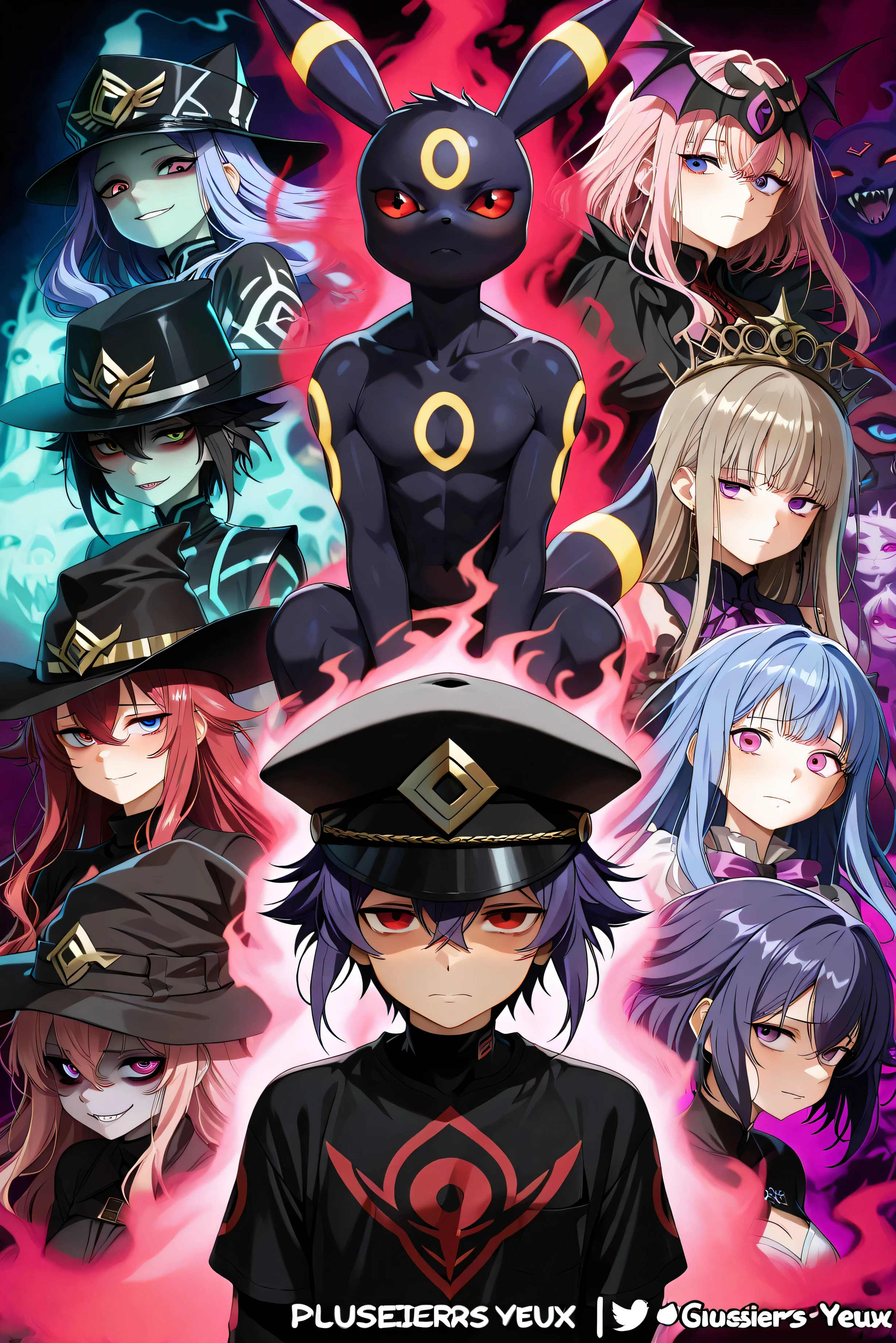 (Umbreon rouge ) 
male
(((fourrure noire))) 
(((spectre))), aesthetic 
(((Tentacules noirs
Tentacules de glu noire))), (((black pointed mechanic hat))), 
Red smoke between the teeth
Evil Glow
Evil smile 
(((Ghostly elements))) 
Intricate details
Red details
Aesthetic
Very aesthetic
((()))
(((Numerous eyes in the background))), (((plusieurs yeux sur le visage))) 
(((eyes Spectral background )))
(((eyes floating in the background))), (((Visage en évidence))),((( seulement mauvais))) , Image from the shoulders to the top, manteau noir, (((larmes rouges, angoisse, despair, rire, (((anthropomorphe))), (((velu))) 