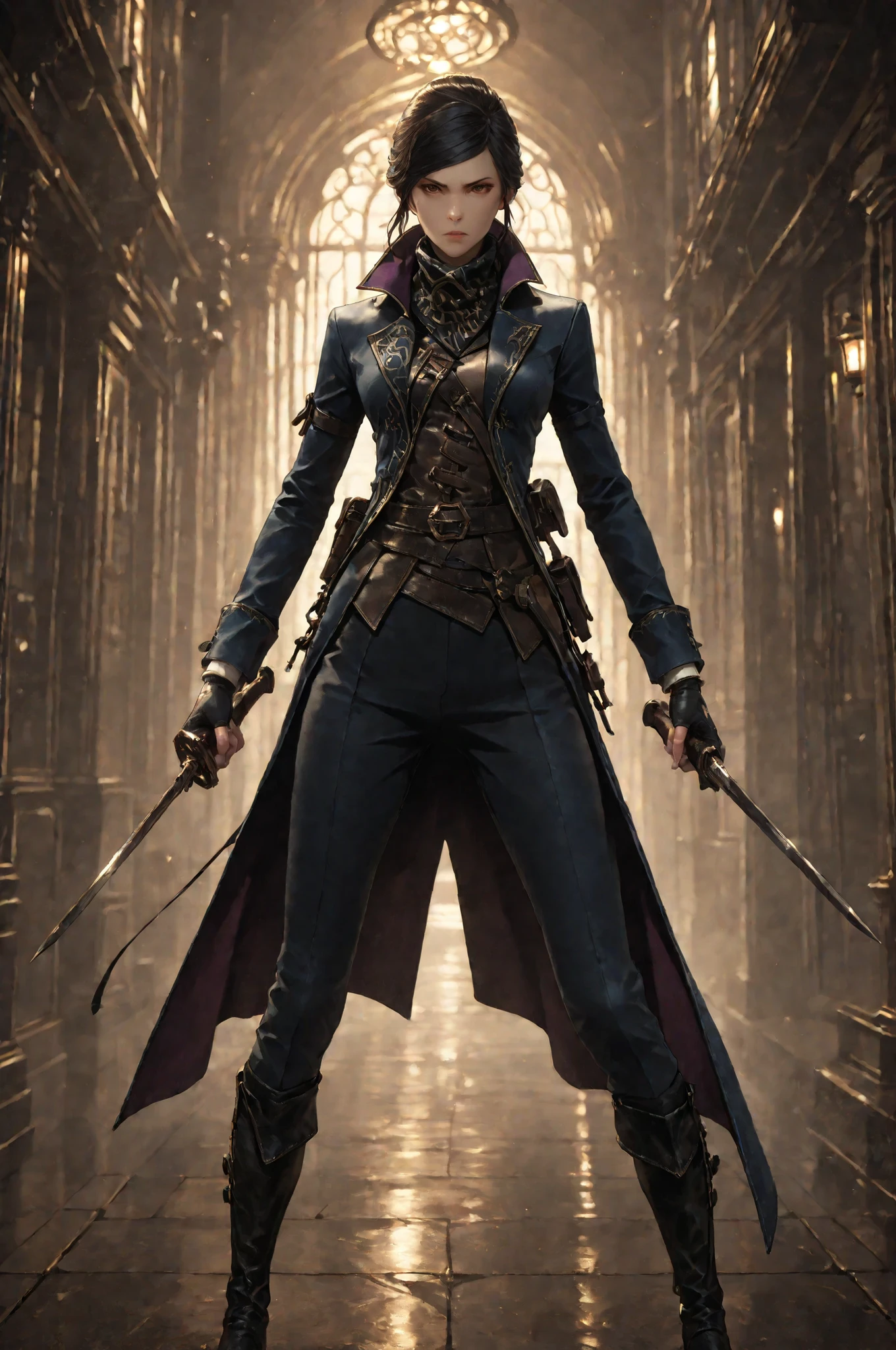 D2_Emily, 1girl, solo, brown eyes, detailed eyes image, E_short black hair, E_dark blue long coat, E_gold embroidery, E_asymmetrical coat, E_face scarf, purple inner lining, action pose, dynamic pose, Dynamic action, dynamic angles, dynamic perspective, dynamic color, dynamic light, holding weapon, E_leather vest, black gloves,fingerless gloves white cuffs, E_pants, E_knee-high black boots with gold zipper details. Her gaze is focused and determined, which highlights her strong personality. Anatomically accurate ratio, detailed skin image, detailed face image, the girl is incredibly beautiful, the girl has an incredibly beautiful face, small folds of fabric, steampunk aesthetic, aristocratic warrior, tactical attire. The girl points a short sword at the viewer, the girl looks straight ahead. The girl swings a short sword. The girl is standing on the street of Dunwall from videogame Dishonored, two hands, two legs, best quality, vibrant, very aesthetic, high contrast, semrealistic, newest, (masterpiece, detailed:1.2), proper lighting, proper shadows, extremely detailed CG unity 8k wallpaper, perfect lighting, colorful, ultra-high resolution, detailed background.