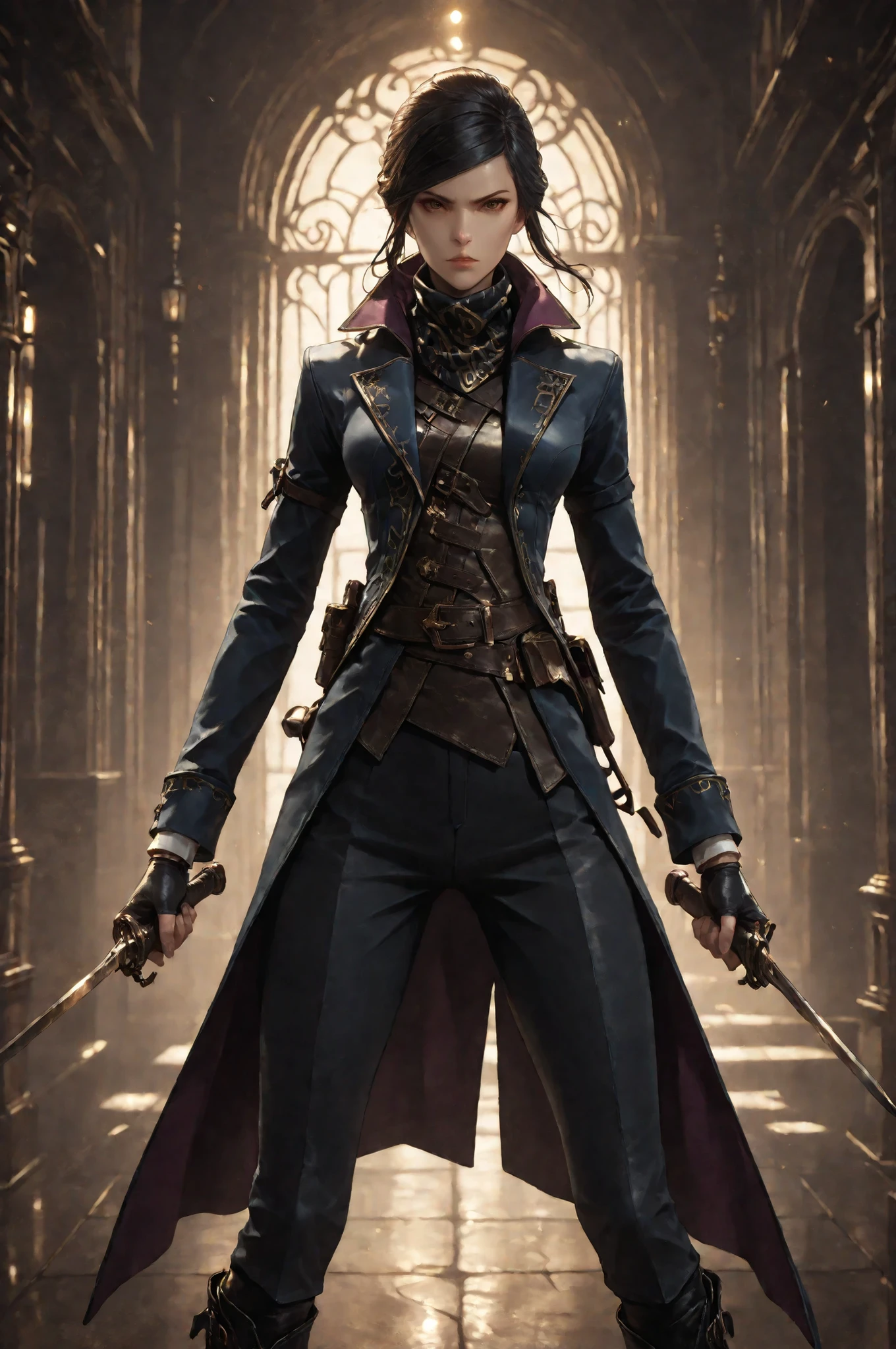 D2_Emily, 1girl, solo, brown eyes, detailed eyes image, E_short black hair, E_dark blue long coat, E_gold embroidery, E_asymmetrical coat, E_face scarf, purple inner lining, action pose, dynamic pose, Dynamic action, dynamic angles, dynamic perspective, dynamic color, dynamic light, holding weapon, E_leather vest, black gloves,fingerless gloves white cuffs, E_pants, E_knee-high black boots with gold zipper details. Her gaze is focused and determined, which highlights her strong personality. Anatomically accurate ratio, detailed skin image, detailed face image, the girl is incredibly beautiful, the girl has an incredibly beautiful face, small folds of fabric, steampunk aesthetic, aristocratic warrior, tactical attire. The girl points a short sword at the viewer, the girl looks straight ahead. The girl swings a short sword. The girl is standing on the street of Dunwall from videogame Dishonored, two hands, two legs, best quality, vibrant, very aesthetic, high contrast, semrealistic, newest, (masterpiece, detailed:1.2), proper lighting, proper shadows, extremely detailed CG unity 8k wallpaper, perfect lighting, colorful, ultra-high resolution, detailed background.