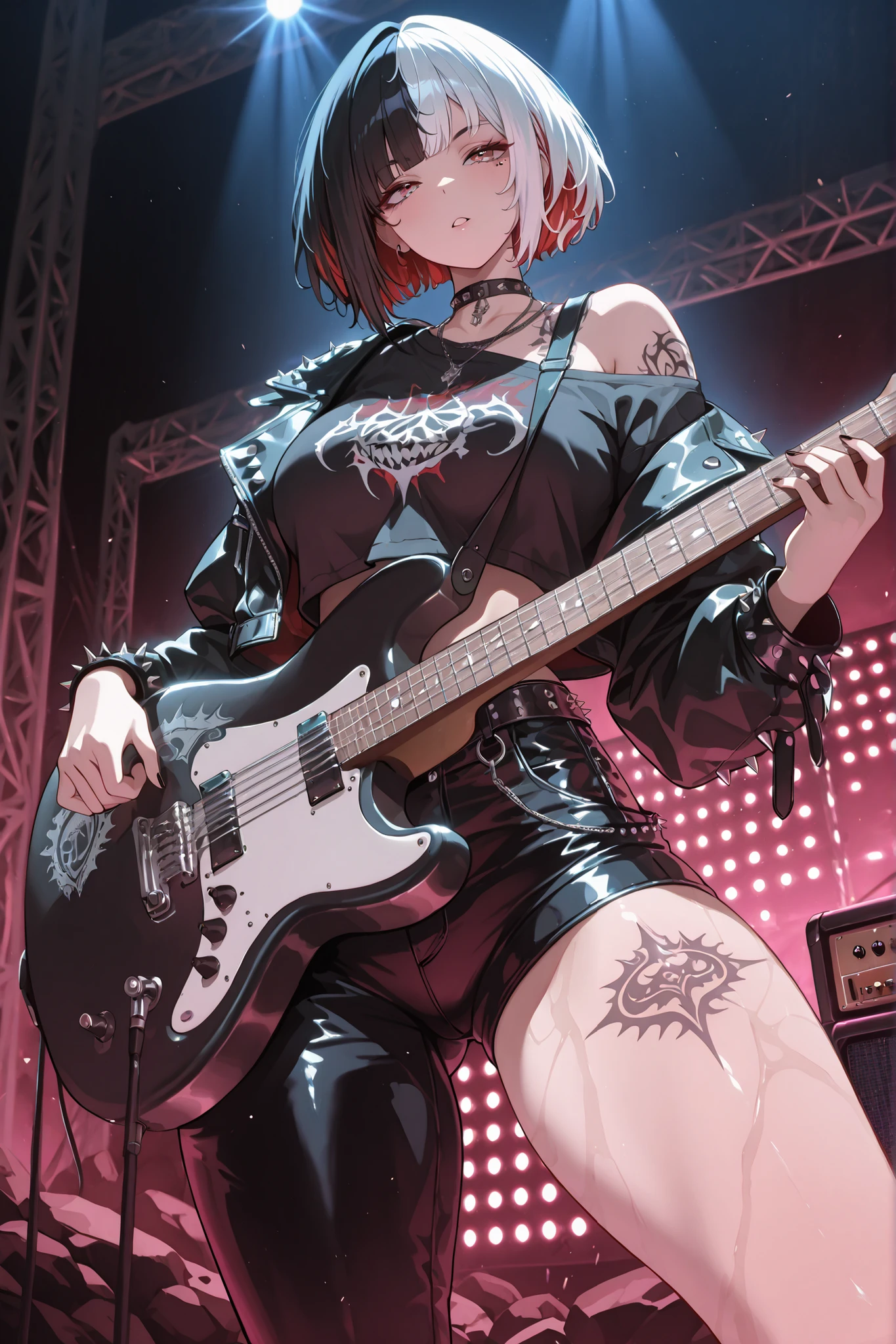 masterpiece, Highest Quality, great quality, very aesthetic, high resolution, super detailed, absurd, Newest,  solo, tattoo,rock singer,punk fashion,guitar,Split Tan,Two-tone Hair,Studs,leather,vocal,live stage,Cyber,
