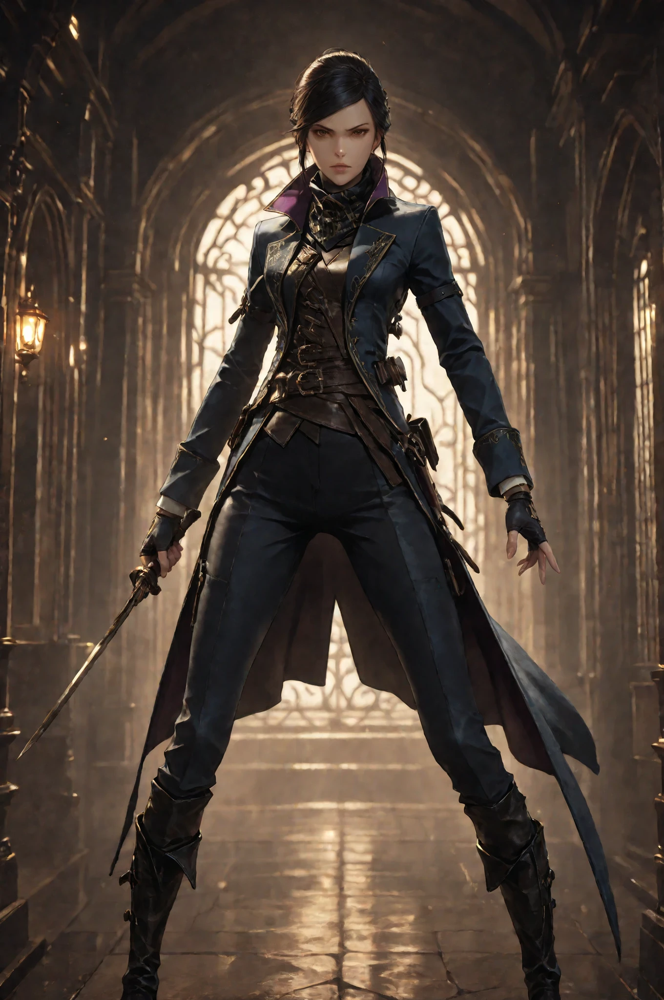 D2_Emily, 1girl, solo, brown eyes, detailed eyes image,  E_short black hair, E_dark blue long coat, E_gold embroidery, E_asymmetrical coat, E_face scarf, purple inner lining, action pose, dynamic pose, Dynamic action, dynamic angles, dynamic perspective, dynamic color, dynamic light, holding weapon, E_leather vest, black gloves,fingerless gloves white cuffs, E_pants, E_knee-high black boots with gold zipper details. Her gaze is focused and determined, which highlights her strong personality. Anatomically accurate ratio, detailed skin image, detailed face image, the girl is incredibly beautiful, the girl has an incredibly beautiful face, small folds of fabric,  steampunk aesthetic, aristocratic warrior, tactical attire. The girl points a short sword at the viewer, the girl looks straight ahead. The girl swings a short sword. The girl is standing on the street of Dunwall from videogame Dishonored, two hands, two legs,  best quality, vibrant, very aesthetic, high contrast, semrealistic, newest, (masterpiece, detailed:1.2), proper lighting, proper shadows, extremely detailed CG unity 8k wallpaper, perfect lighting, colorful, ultra-high resolution, detailed background.