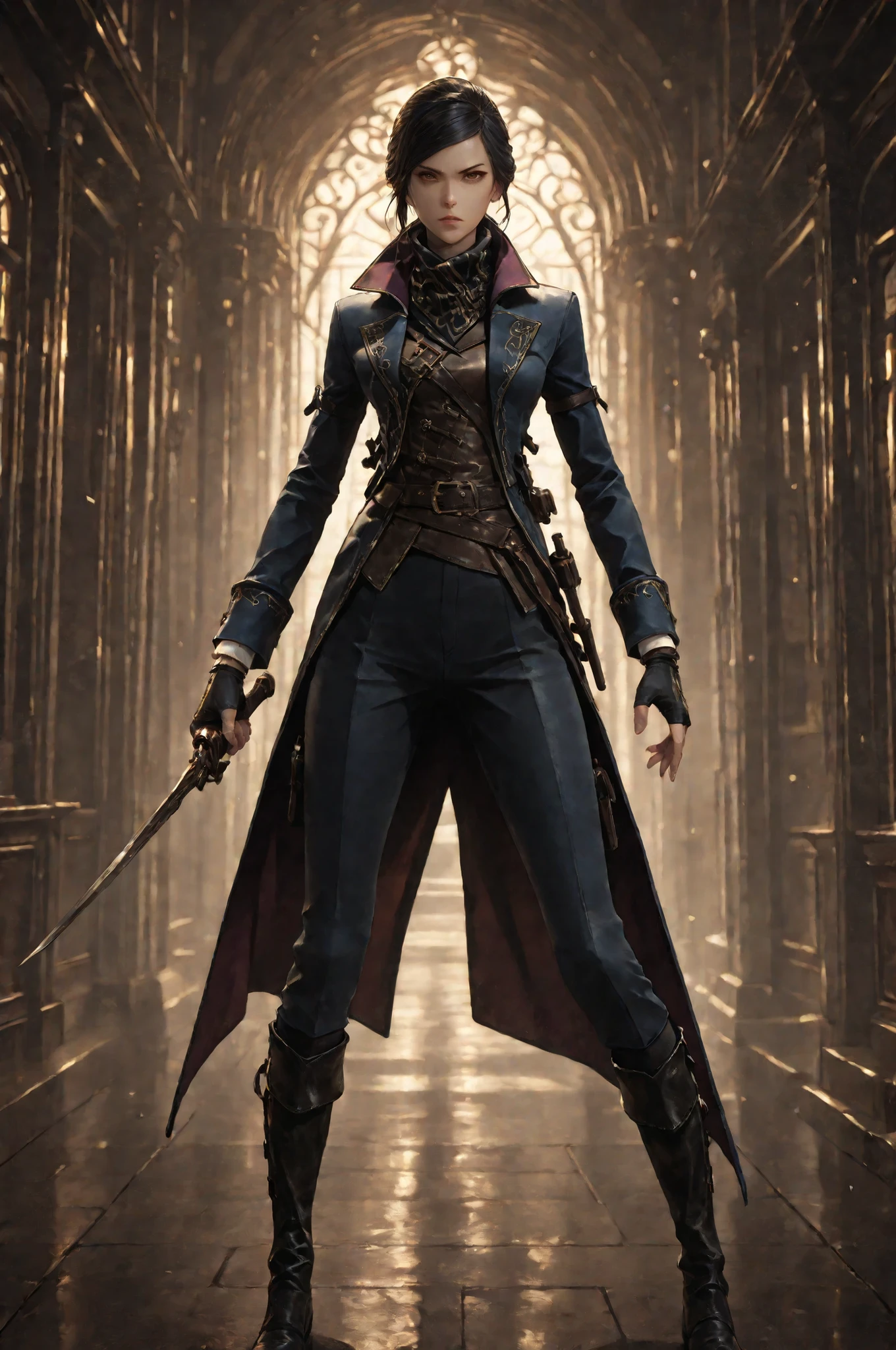 D2_Emily, 1girl, solo, brown eyes, detailed eyes image, E_short black hair, E_dark blue long coat, E_gold embroidery, E_asymmetrical coat, E_face scarf, purple inner lining, action pose, dynamic pose, Dynamic action, dynamic angles, dynamic perspective, dynamic color, dynamic light, holding weapon, E_leather vest, black gloves,fingerless gloves white cuffs, E_pants, E_knee-high black boots with gold zipper details. Her gaze is focused and determined, which highlights her strong personality. Anatomically accurate ratio, detailed skin image, detailed face image, the girl is incredibly beautiful, the girl has an incredibly beautiful face, small folds of fabric, steampunk aesthetic, aristocratic warrior, tactical attire. The girl points a short sword at the viewer, the girl looks straight ahead. The girl swings a short sword. The girl is standing on the street of Dunwall from videogame Dishonored, two hands, two legs, best quality, vibrant, very aesthetic, high contrast, semrealistic, newest, (masterpiece, detailed:1.2), proper lighting, proper shadows, extremely detailed CG unity 8k wallpaper, perfect lighting, colorful, ultra-high resolution, detailed background.