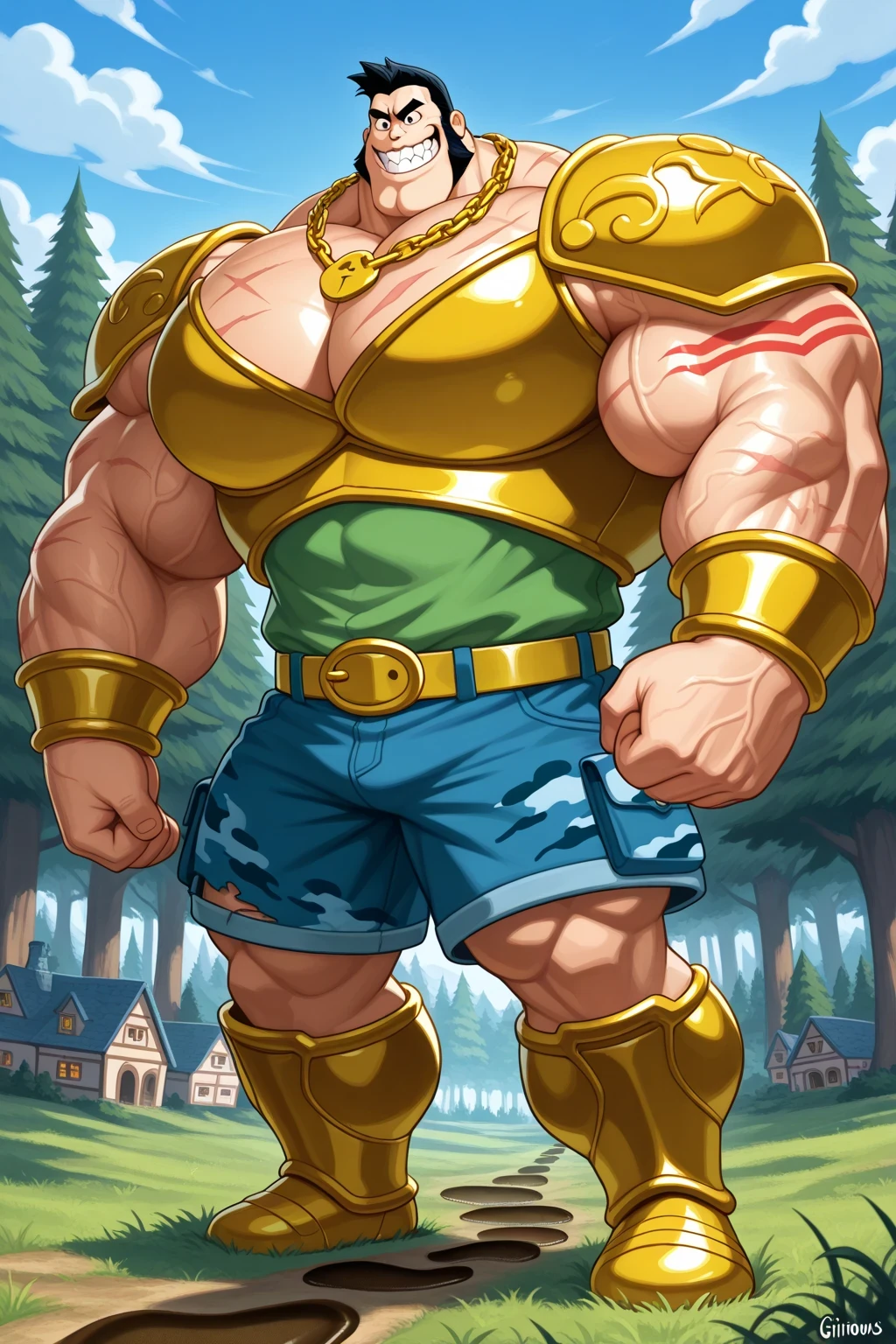solo, detailed, shaded, human, giant man, muscular, solo, black hair, flat top, red and black eyes, mouth open, sharp teeths, powerful smile expression, flat brow, gigantic chin, rectangular eyebrows, flat brow, golden armor, golden bracelets, green shirt, golden belt, golden necklaces, blue camo print, ripped blue shorts, golden saldals, standing, full-length portrait, mouth open, big arms, big castle background, village background, forest background, grass, trees, plants, giant footprints on the grass, blue sky and clouds background, a green giant beanstalk behind, huge muscles, ginomous biceps, enormous pectorals, detailed abs, scars, veins, tattoos, giant size, macro size, 50-foot size, 100 feet tall, beating his chests, legendary giant of the fairytale story jack and the beanstalk, fairytale fantasy scene, jack and the beanstalk story.