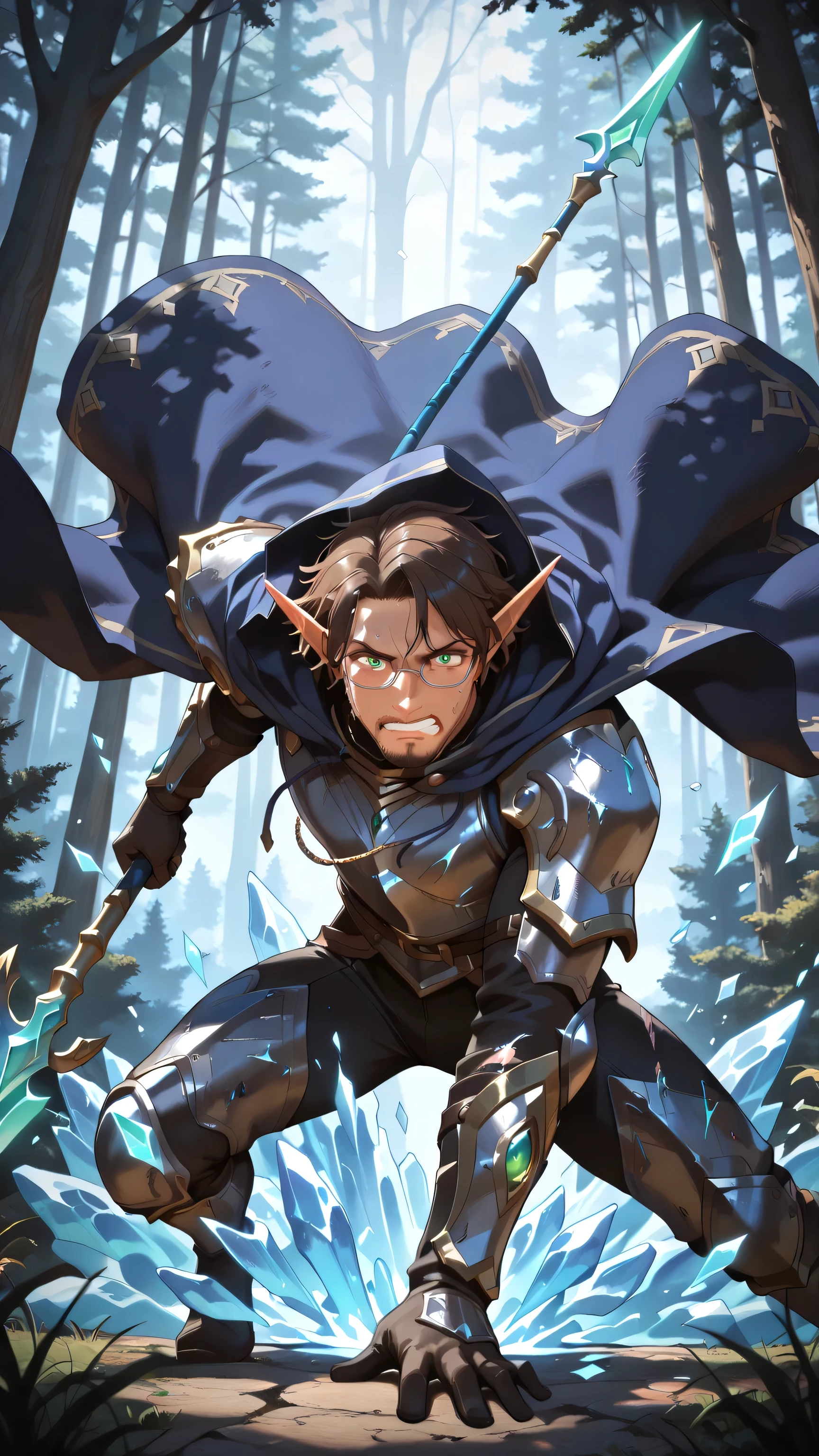 masterpiece, ultra-detailed, best quality, (1 boy, male elf, ethereal warrior mage, (silver eyeglasses, small eyeglasses), (right hand thrusting spear forward, ornate spear), (left hand unleashing ice-blue energy shards), lightweight enchanted armor with battle damage, dark blue flowing hooded cloak billowing dramatically, brown hair tousled from combat, sharp facial features, ((facial hair)), emerald eyes glowing with magical intensity, determined grimace, dynamic lunging stance), forest clearing battlefield, fallen goblins, spell effects, dramatic side lighting, fantasy art style, action shot, three-quarter view