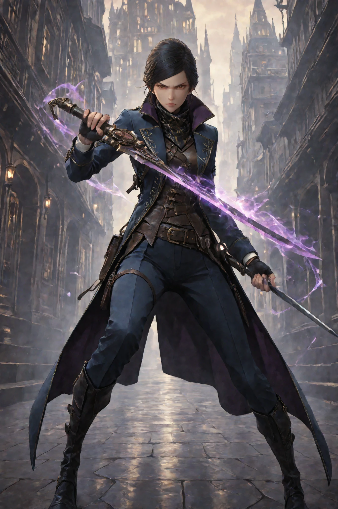 D2_Emily, 1girl, solo, brown eyes, detailed eyes image, E_short black hair, E_dark blue long coat, E_gold embroidery, E_asymmetrical coat, E_face scarf, purple inner lining, E_leather vest, black gloves, fingerless gloves white cuffs, E_pants, E_knee-high black boots with gold zipper details. Action pose, dynamic pose, dynamic action, dynamic angles, dynamic perspective, dynamic color, dynamic light, holding weapon. Serious expression. Anatomically accurate ratio, detailed skin image, detailed face image, the girl is incredibly beautiful, the girl has an incredibly beautiful face, small folds of fabric, steampunk aesthetic, aristocratic warrior, tactical attire. In her right hand she holds a short bladed sword, in her left hand she holds a sinister々intense purple magical energy swirls around, gorgeous effect, The girl is on the roof of Dunwall building from videogame Dishonored, two hands, two legs, five fingers on each hands, best quality, vibrant, very aesthetic, high contrast, semrealistic, newest, (masterpiece, detailed:1.2), proper lighting, proper shadows, extremely detailed CG unity 8k wallpaper, perfect lighting, colorful, ultra-high resolution, detailed background.